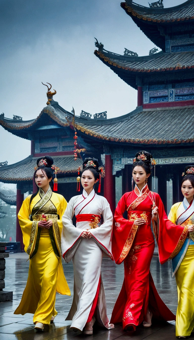 A group of Chinese classical beauties walking among the pavilions and towers，There was light rain in the sky，They wear sexy clothes