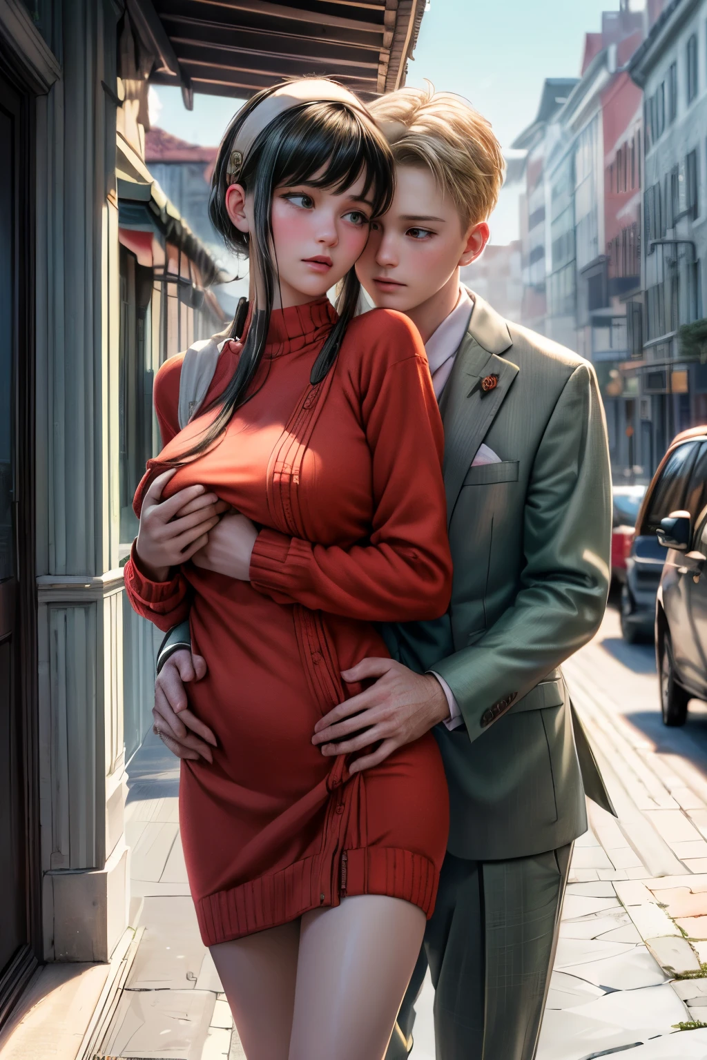 (realistic, photo-realistic:1.4), (masterpiece, best quality:1.2), high resolution, intricate details, extremely detailed, realistic and sharp details, (full body), couple, hetero, (1girl, hairband, red sweater minidress), (1boy wearing light green business suit), (1boy hugging her from behind and grabbing her breasts:1.3), photo background, outdoors, 