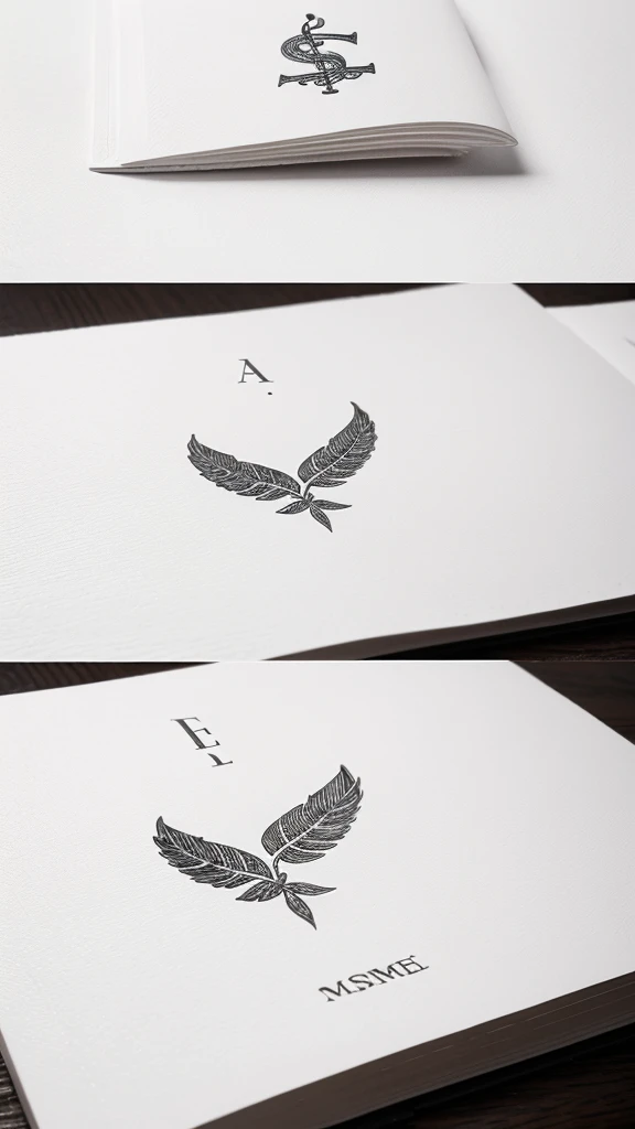 A minimal, modern, simple, cinematic logotype for the brand “Penamemoria". The logotype must be a simple, magical feather. The logo must convey a sense of music, stories and dreams. Logo design impressed on a book cover. Minimalistic logo