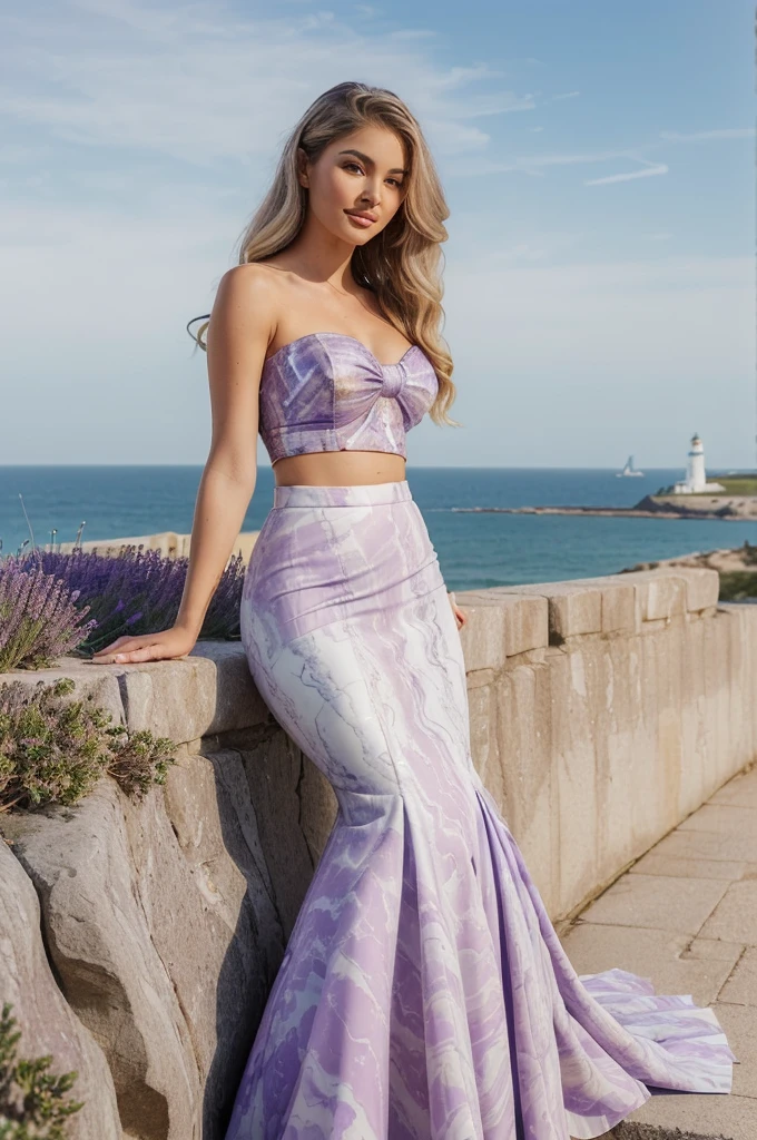 Solo realistic, 30 years old woman, 30 years old version of Madison Beer, Photorealistic, Realistic, Norwegian high nose, ((Norwegian long wavy curl blonde hair)), Norwegian pink fuller lips, ((Norwegian light brown eye)), (((body and face wrinkles))), cleavage, (((she is dressed in a lavender marble print mermaid skirt paired with a strapless top creates a unique and stylish ensemble that blends elegance with a contemporary twist. The skirt features a stunning marble print pattern in shades of lavender, white, and possibly hints of gray or soft pastels. The mermaid silhouette hugs the curves and flares out dramatically towards the hem, creating a graceful and feminine look. The marble print adds a sophisticated and artistic touch to the outfit, making it visually striking. The strapless top complements the lavender marble print skirt by offering a sleek and sophisticated silhouette. It is tailored to fit snugly around the bust and may feature a sweetheart neckline or a straight-across cut, depending on the desired style. The top can be in a solid color that harmonizes with the hues in the marble print, such as lavender, white, or a complementary pastel shade))), (((She is standing seductively on a hill, before her stands a lighthouse tower, the woman is enveloped in a scene that blends coastal charm with a sense of adventure and solitude. Before her, the lighthouse tower rises against the backdrop of the sea and sky. Its sturdy form and iconic presence add a touch of maritime history and romance to the landscape. The surrounding terrain could feature coastal vegetation, rugged cliffs, or sweeping vistas of the ocean ))), she is looking at the camera smiling, (((dynamic pose))), (((legs spread)))