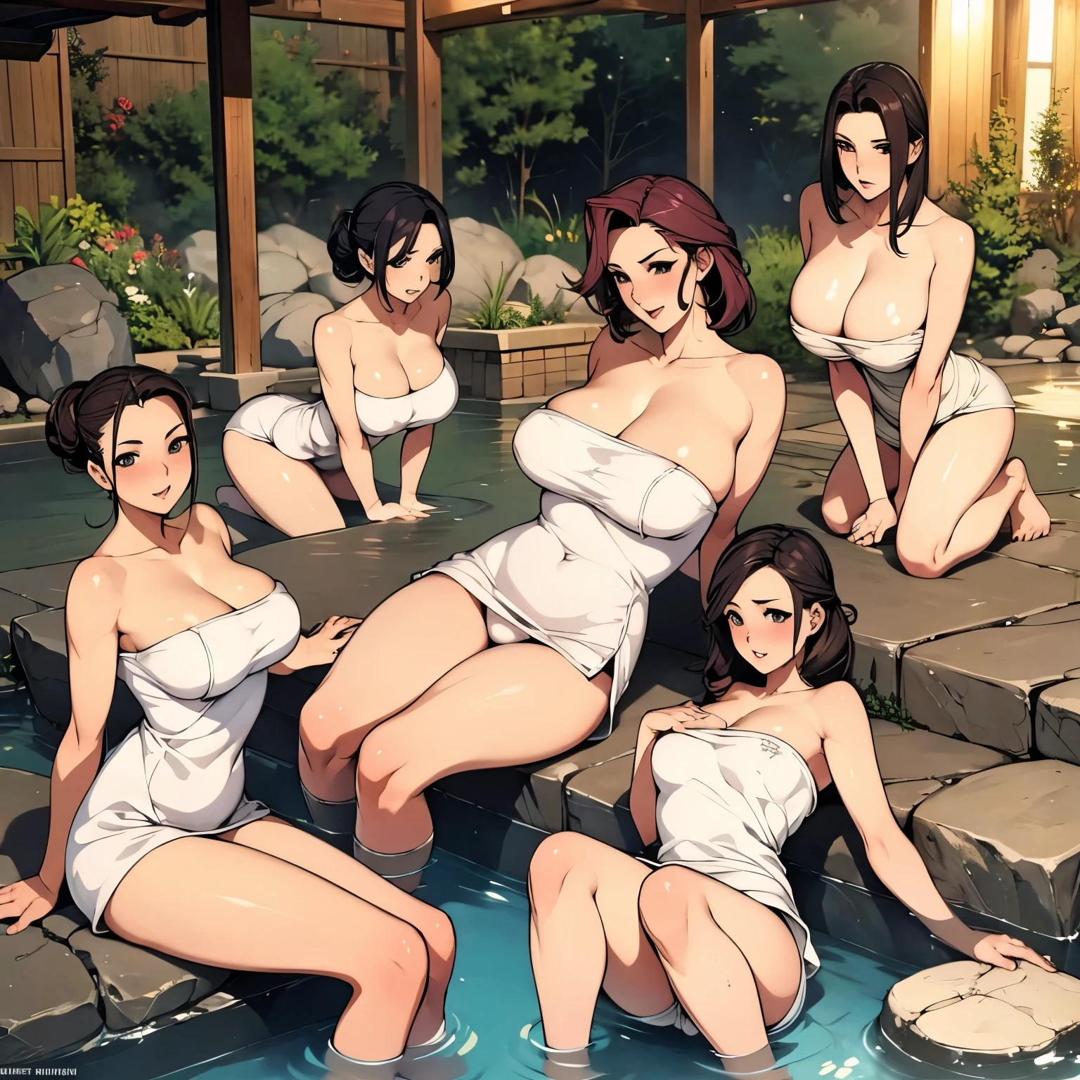 (Best Quality) multiple beautiful ladies, MILF, Mature, full body, muscular, hair up, big eyes, big breast, wide hips, wearing towel sexually, lying, on side, spread legs, rise up legs, in hot springs