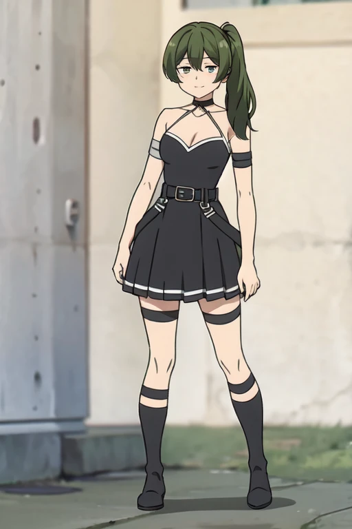 ((Best quality))),((Ultra-detailed)),((illustration)),((Disheveled hair)),((frilld)),(1 girl),(Solo), 1girl, arm strap, armband, bangs, bare shoulders, belt, belt buckle, black dress, black footwear, boots, breasts, buckle, cleavage dress, full body, green hair, grey background, large breasts, leg belt, long hair, looking at viewer,Right side ponytail,