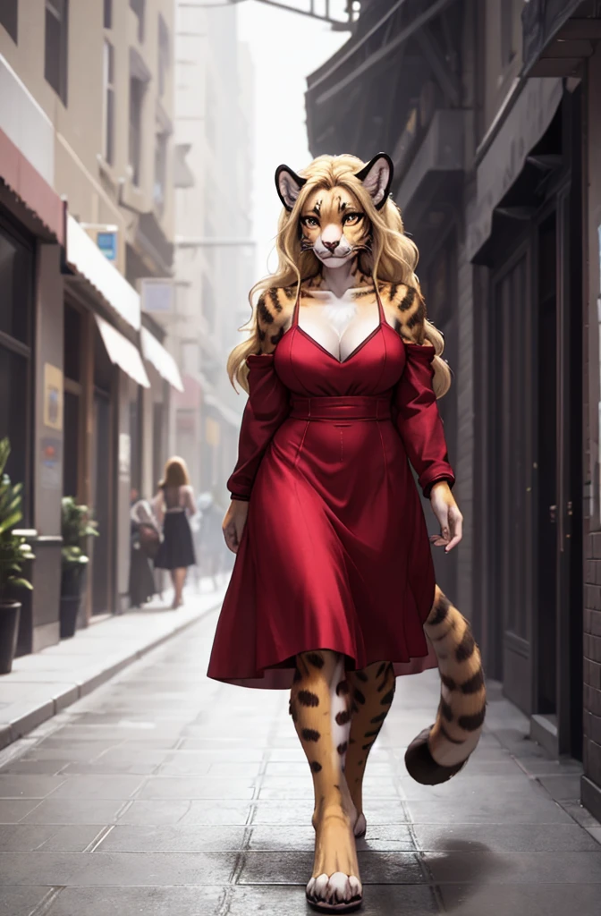  (exotic feline female:1.2)gazing at viewer, looking intrigued, detailedeyes, big breasts covered, wearing an elegant red dress, long blonde curly hair, skin detailed, realistic penalties, colored fur, (walking around the city:1.2), photo realist, detailed back ground, music fiction theme, GOD_ex, (Mass Effect:0.6),  