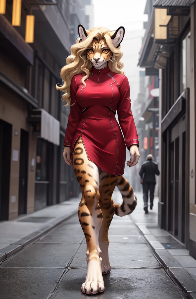 (exotic feline female:1.2)gazing at viewer, looking intrigued, detailedeyes, big breasts covered, wearing an elegant red dress, long blonde curly hair, skin detailed, realistic penalties, colored fur, (walking around the city:1.2), photo realist, detailed back ground, music fiction theme, GOD_ex, (Mass Effect:0.6),