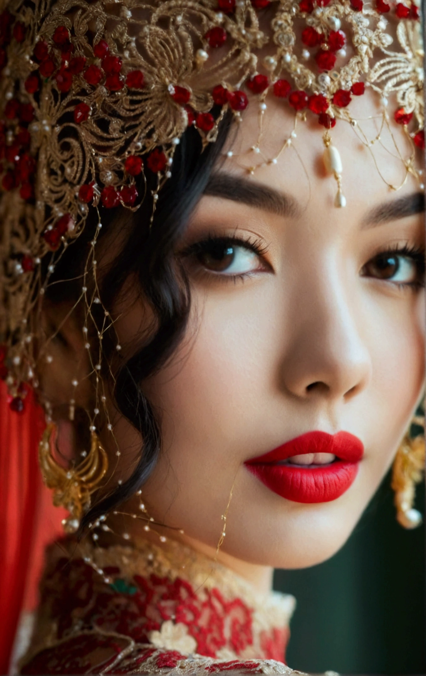 instagram photo, closeup face photo of 23 y.o Chloe in kebaya, Red Lipstick, sensual Lipstick, Sensational Make Up, cleavage, pale skin, (smile:0.4), hard shadows, Red G-STRING