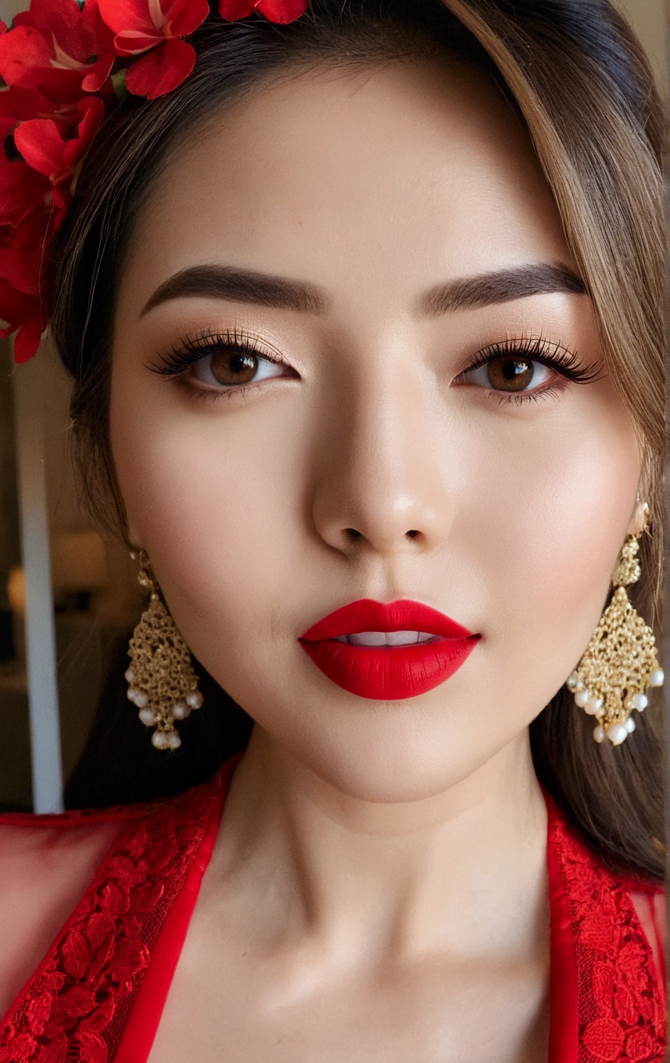 instagram photo, closeup face photo of 23 y.o Chloe in kebaya, Red Lipstick, sensual Lipstick, Sensational Make Up, cleavage, pale skin, (smile:0.4), hard shadows, Red G-STRING