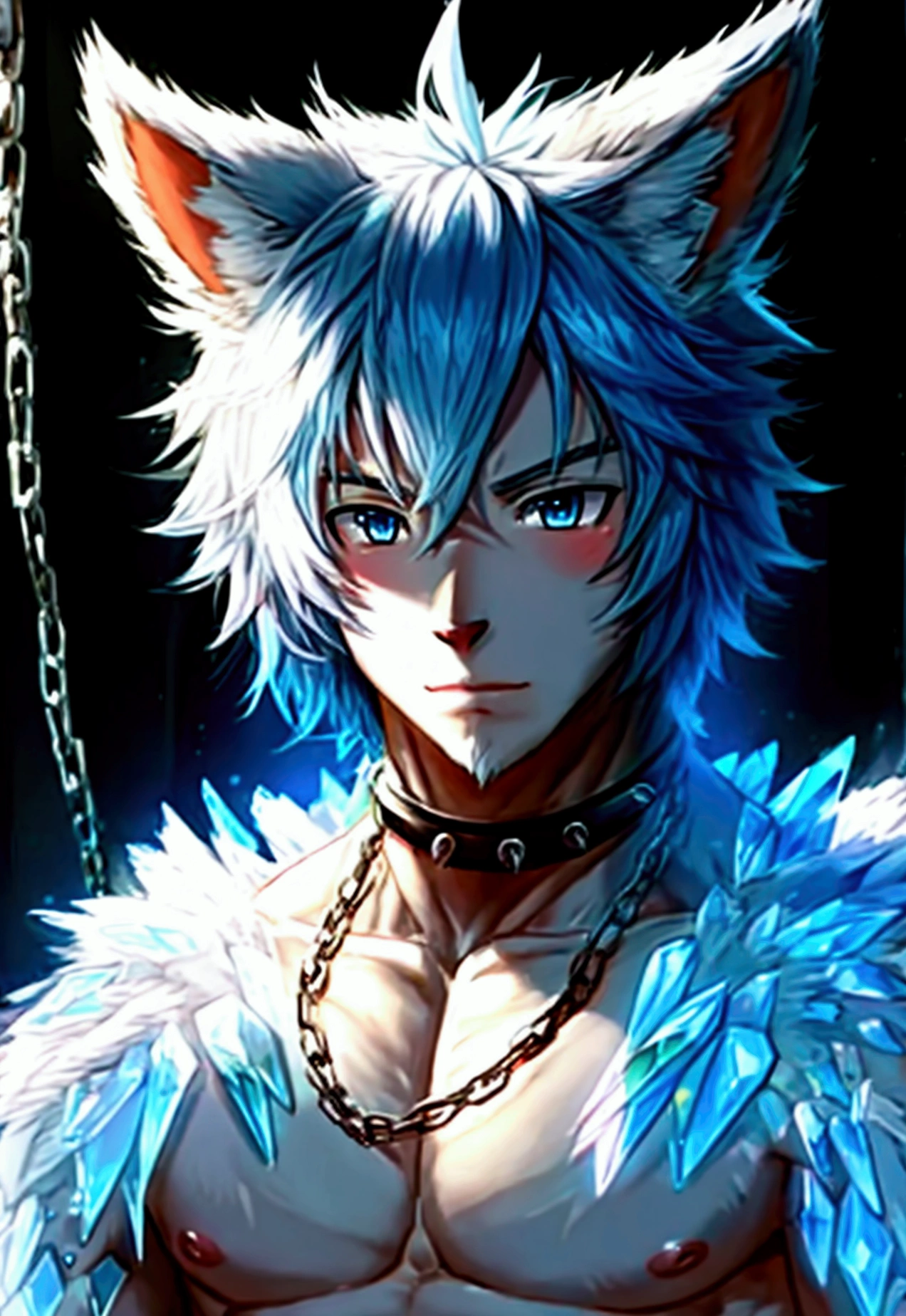 furry,wolf boy,White skin,crystal blue eyes,Unique fluffy tail,gray fur,short detailed hair,naked ,anime style, chained, beefy detallados, beefy, sexy, long penis, shows penis
