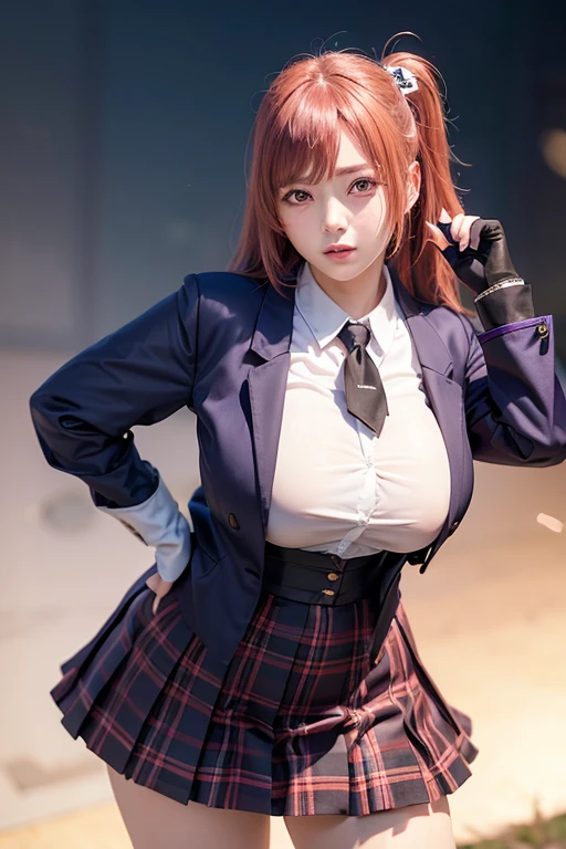 honoka dead or alive , steam , rain , plaid skirt , pleated skirt , Tight shirt , white Shirt , school girl , ( (big breasts, thick thighs, wide hips) , red bow , red knot , (masterpiece, best quality:1.2), solo, 1girl, honoka , looking at viewer, hand on hip, one side up, skull hair ornament, , purple jacket, necktie, single glove, black gloves