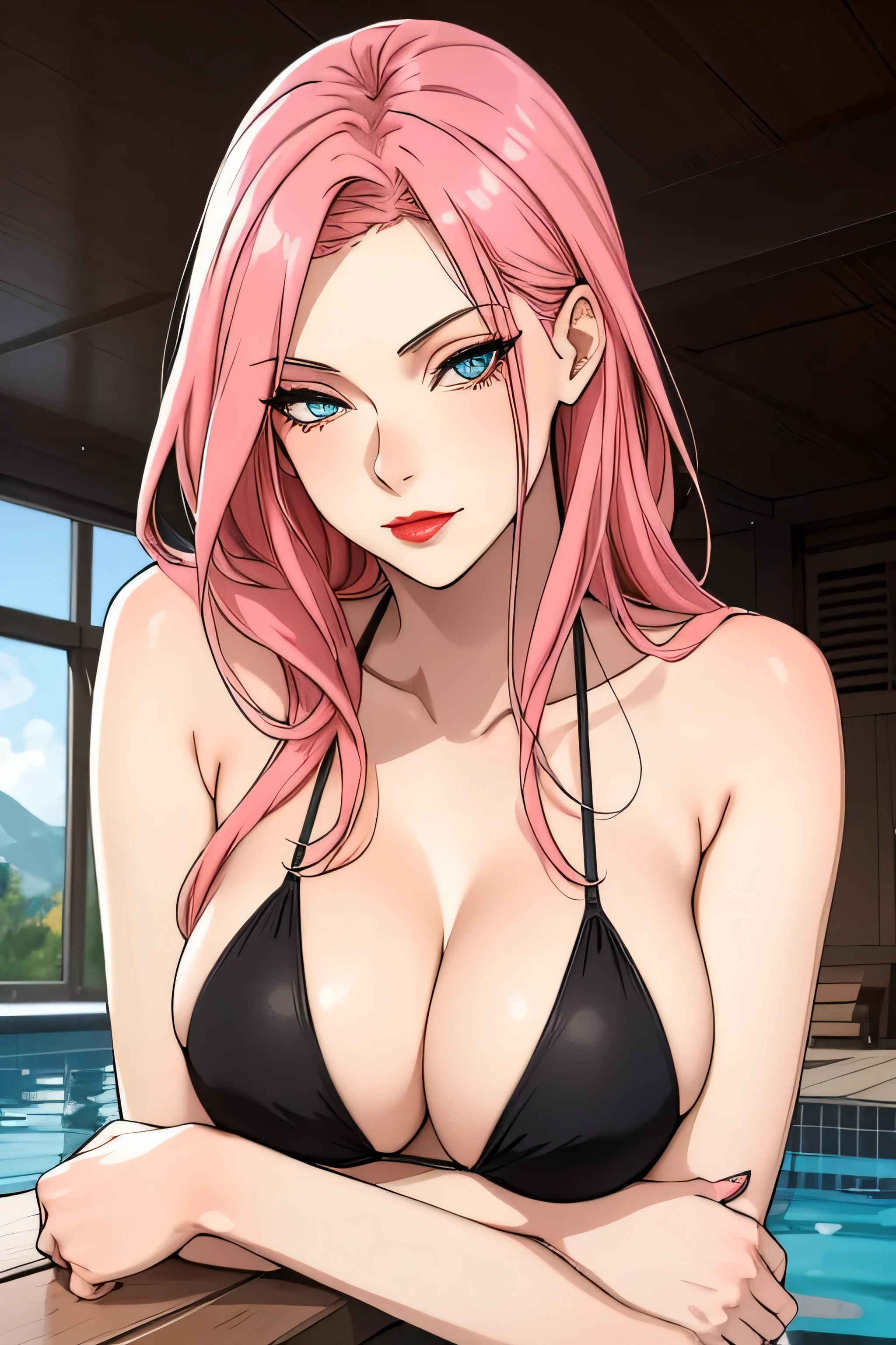 1girl, longshuyun, long hair, pink hair, blue eyes, large breasts, smirk, eye visible through hair, red lips, soft lighting, masterpiece, best quality, wearing a black mature bikini, clear open eyes, sitting in a swimming pool, full body view