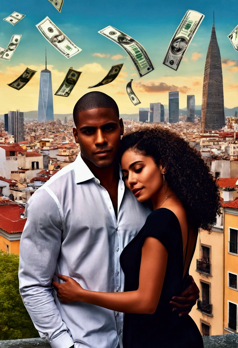 a romantic city in the background, a beautiful couple black man and latin woman, romantic posture, Casual clothes, many luxury and money bills in the air, hyperrealistic image, artistic, Surreal, 8k, imagen artistic