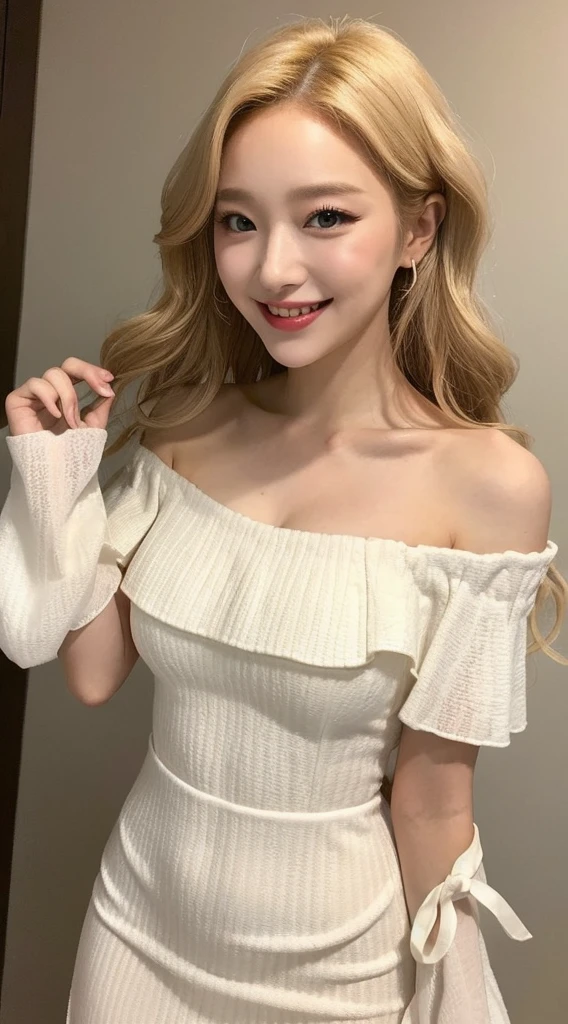 Surreal beautiful woman with blonde wavy hair and a big smile on her face.South Korea.Pure white off-shoulder low-cut dress.role play.Flirting