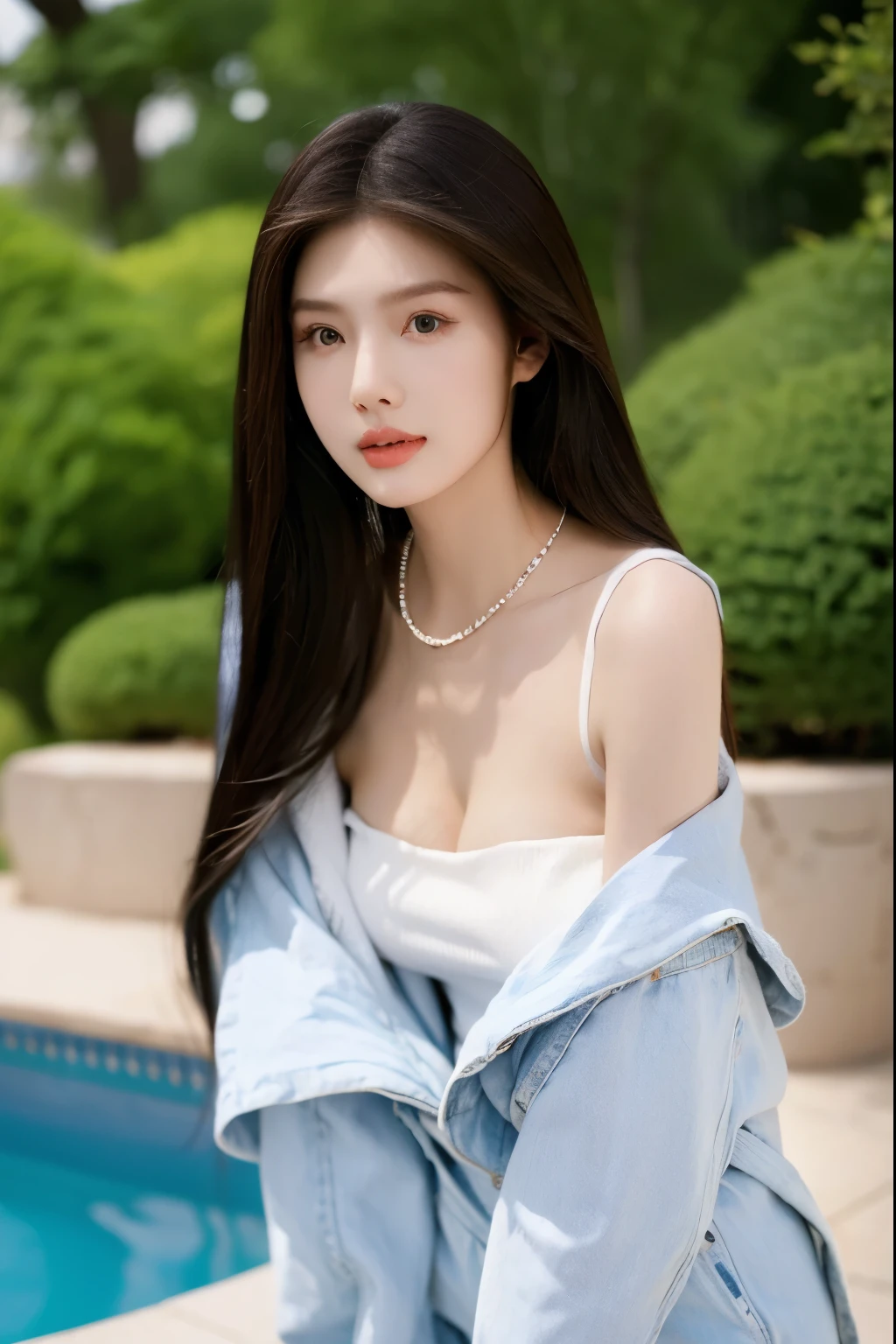 Beautiful woman with perfect body：1.4，Prominent cleavage，Layered Hairstyle，Highly detailed face and skin textures，Double eyelids，Skin Whitening，Long hair，Whitened long legs，（Lace，Collar），Standing by the pool