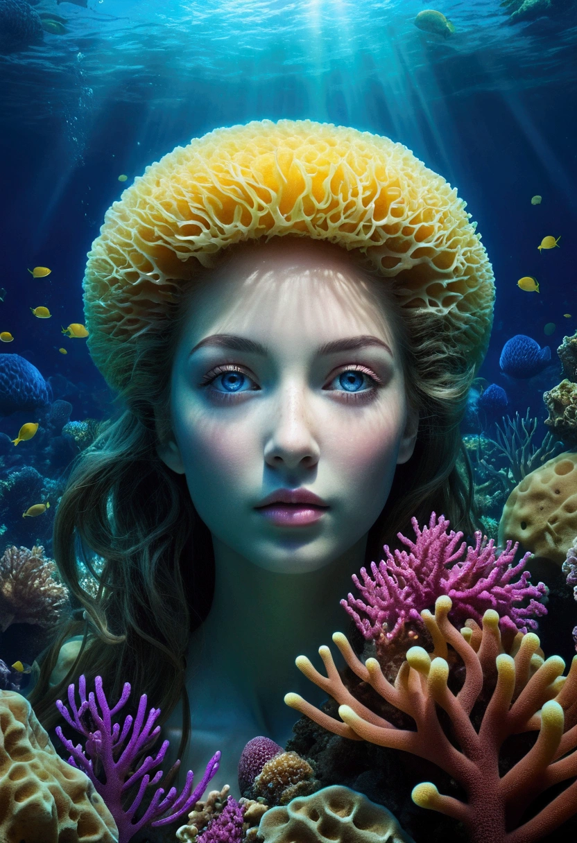 masterpiece,top-quality,Big underwater sea Sponge,Deep sea scenery,Beautiful detailed eyes,Ultra-detailed skin,Floating seaweed,dreamy colors,Soft lighting,hight resolution,nffsw,Ethereal scene in the water,Marine life,Mysterious atmosphere,Tranquility and peace,Underwater coral reefs,Sunlight penetrating the surface of the water,Onylic Landscape,Dreamy underwater journey,Bright blue tones,Magical creatures,peaceful expression