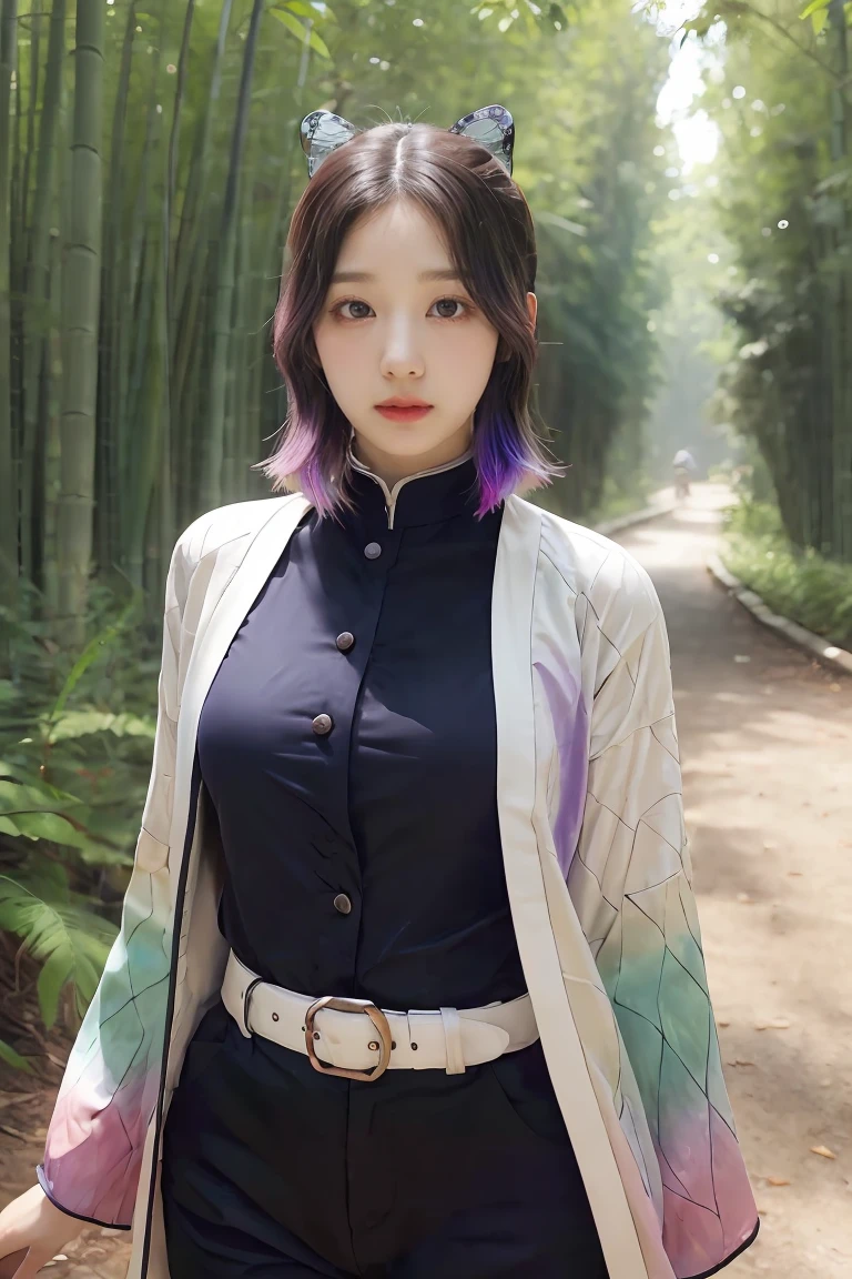 Master Part, Best Quality Keeper, Higher, 1girll, Located in a bamboo forest，In the background is a huge bright moon, Shinobu Kocho, butterfly hair ornament, Purple eyes, multicoloured hair, Short hair, Detached strips, Outerwear, long sleeves, Black pantsuit, black jackets, belt, cowboy shots，The character is facing the camera，Frontal photo，Wear sunglasses