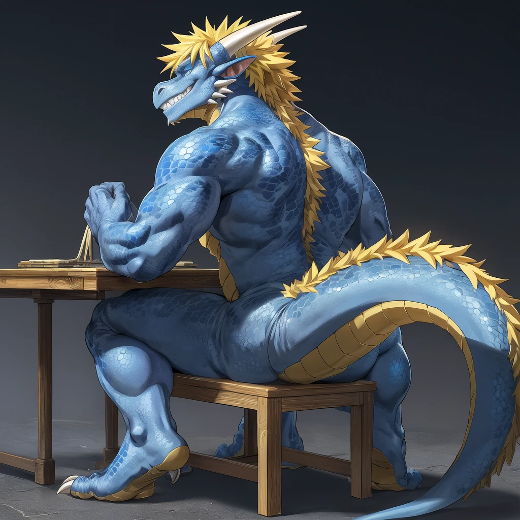 ( blue eyes dragon , ( dark blue scale arm and back and light blue scales ) , yellow crest hair ,  well built ,  profile,  grin smug, kemono , high quality  , by rossciaco  ) ,  sit in chair , four toes feet