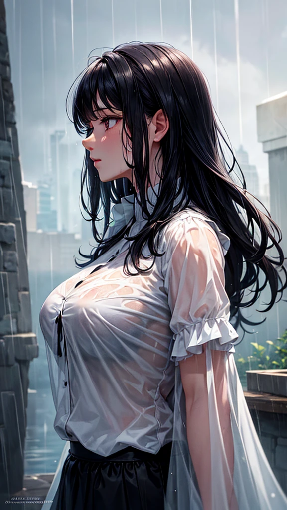 HD detailed, Wet Watermark, Married Woman,Hyper Detail, Long black hair,Big Breasts,rain,White blouse,Cold look,Under the roof,Looking up at the sky,profile,cowboy shot