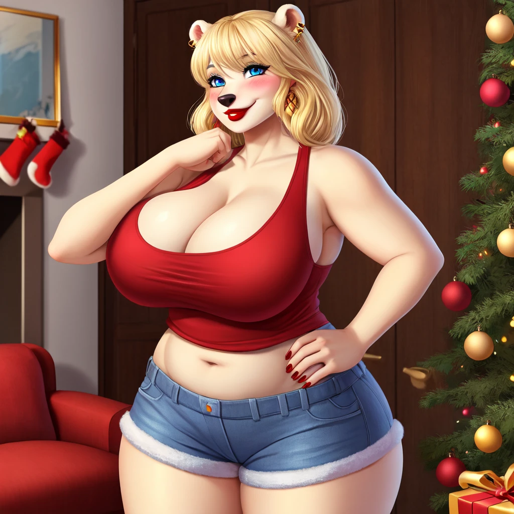 Blonde polar bear woman, wearing a Christmas tank top and jean shorts, perfect face, blue eyes, big breasts, cleavage, three-quarter view, solo, smile, perfect detailed body, red lipstick, gold earring, hand on hips, blushing