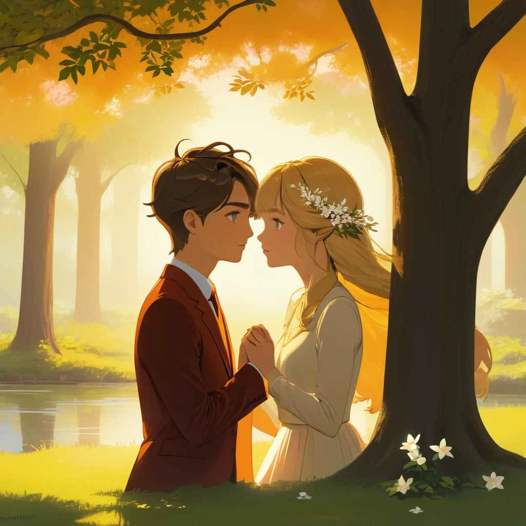 The soft glow of the setting sun bathed the park in warm hues of orange and pink. The air was filled with the gentle hum of cicadas and the faint scent of blooming jasmine. In the heart of this tranquil setting, beneath an ancient oak tree, Alex stood nervously, clutching a small, velvet box. As the last rays of sunlight reflected in their eyes, they watched their beloved, Taylor, approach. The moment felt surreal, like a dream woven from the finest threads of hope and love. Alex took a deep breath, heart pounding, and prepared to speak the words that had been rehearsed a thousand times in their mind.