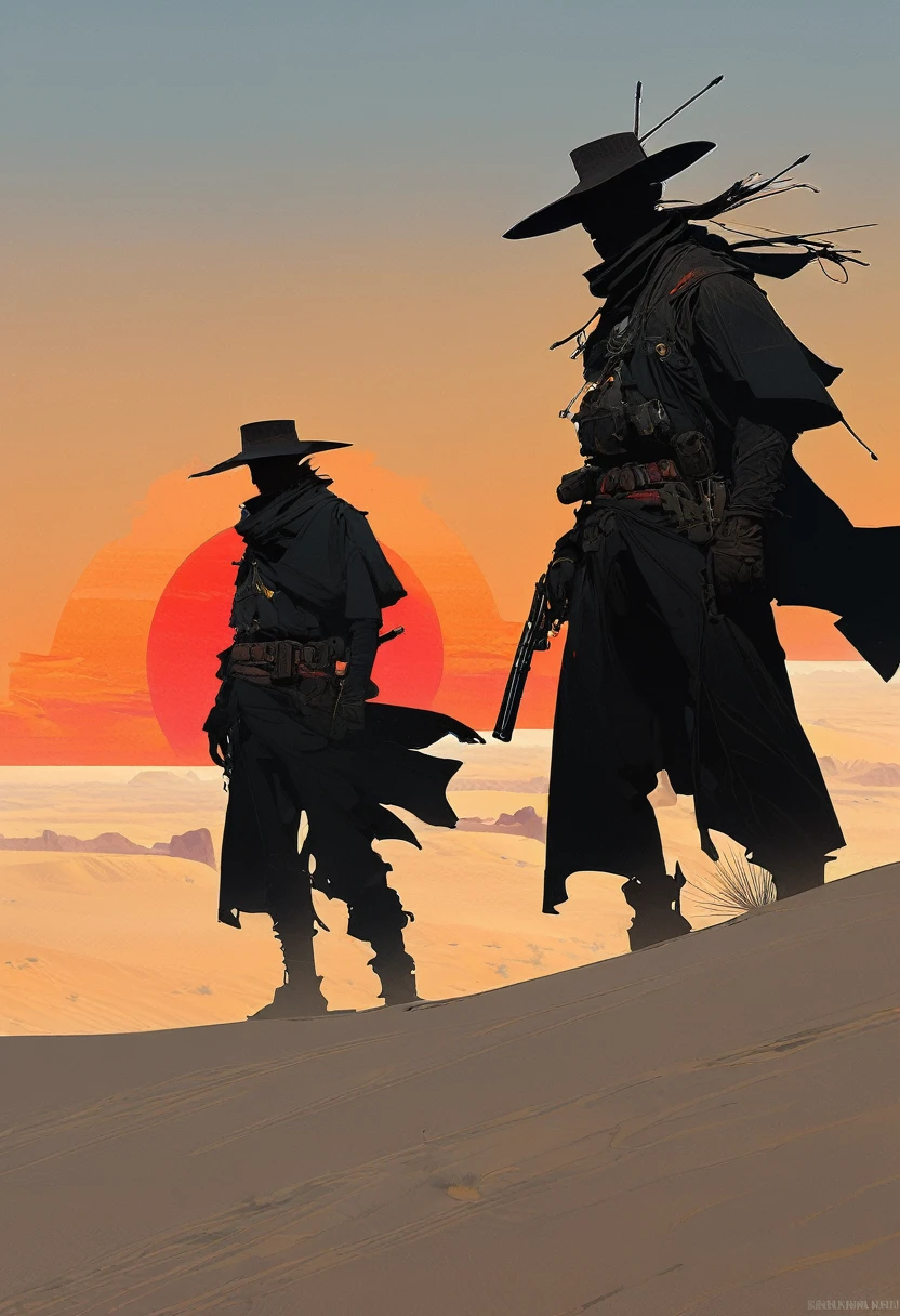 2man, Western, gunslingers, dueling, Desert, red sun, scorching sun, arid, silhouette, black clothes, Horizon, far away, Jakub Rebelka style