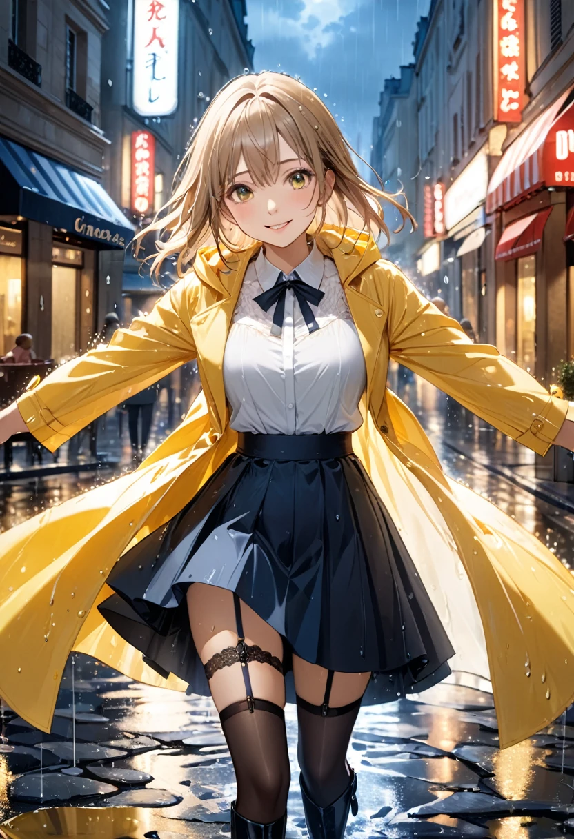 Highest quality, Highest quality, 16K, Unbelievably absurd, Very detailed, 2.5D, delicate and dynamic, movieのシーン, formal, Poster Design, Streets of Paris, Rainy night, Chic cityscape, Stone Building,  Champs-Élysées, , Wet roads, puddle, puddleに町明かりが反射, puddleにビルが映る, , , Small face, Very delicate facial expressions, Delicate eye depiction, Upper body close-up, erotic, Only sexy women, Healthy body shape, 25-year-old woman, Cool woman, Height: 170cm, Big companies go bankrupt, White shirt, Yellow long raincoat, , Long skirt, garter belt, Knee-high boots, smile, fun, Raindrops, With arms outstretched, Dancing in the Rain, Opera, movie, Dancing in the Rain
