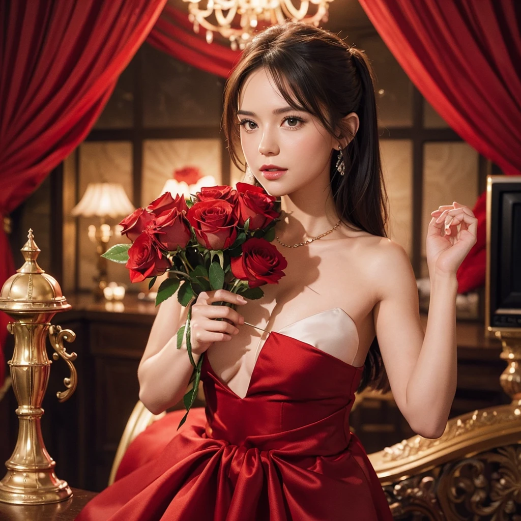 Create a thumbnail image for a TV show called "The Bachelorette." The image should prominently feature a red rose as a central element. Include a woman in an elegant dress (color of your choice) holding a red rose, set against a backdrop that suggests a formal event or a romantic setting. The overall design should be eye-catching and vibr
