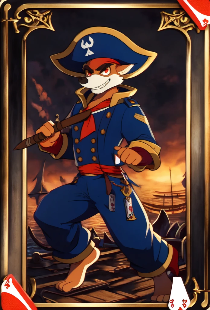 (((full image of poker card)))

((Jack of Spades)) - (((Don Karnage))):
Barefoot furry character, furry male, plantigrade

Don Karnage, the swashbuckling red wolf pirate from "TaleSpin." He has reddish fur, sharp red eyes, and a lean, agile build.
Don Karnage is dressed in a blue captain's military uniform with red and gold accents, light blue pants and tricorn hat.
The background features a pirate ship with spade-shaped sails and a stormy sea.
Card Elements: The (spade symbol) is prominently displayed, with Don Karnage wielding a cutlass. The border of card is adorned with ((spade patterns)) and nautical motifs.

BREAK, masterpiece, ((detailed background)), ((dynamic background)), 8K, (masterpiece:1.5), intricate details, highly detailed, extreme detail, octane render, unreal engine, anime art, best quality, highres, (detailed face:1.5), ((full_body)), UHD, (((perfect hands))), low light