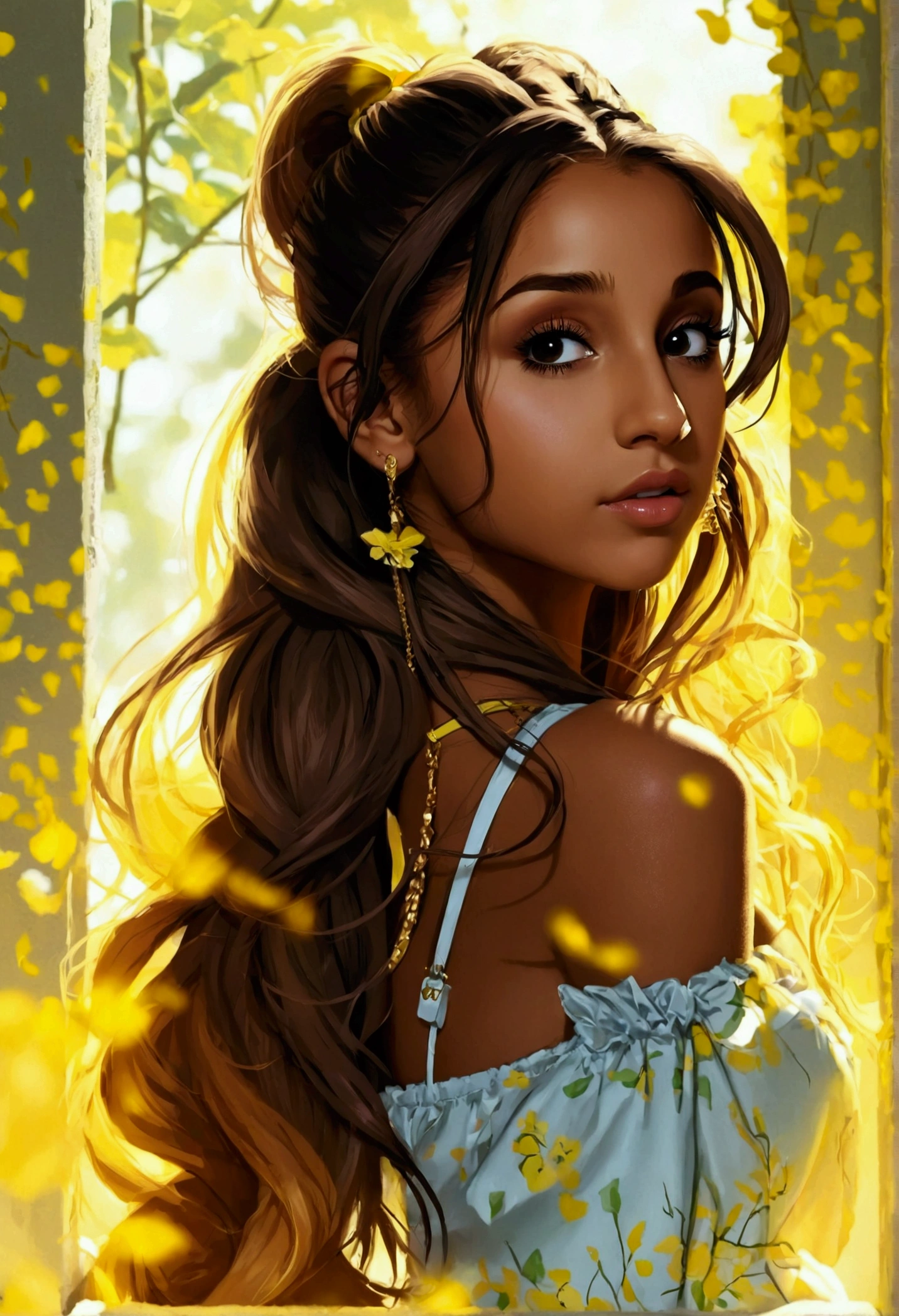 young Ariana Grande, yellow_eyes, long_brown_ponytail, dark_skin,