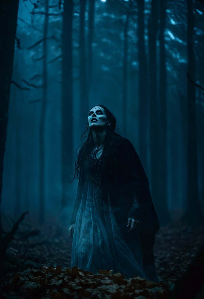 professional photograph the photo was shot on a Sony Alpha a7R IV camera and a Sony FE 85mm f/1.8 lens, aperture f/1.8, shutter speed 1/125s, ISO 800. breathtaking vibrant professional chilling Gothic, beautiful evil slavic woman, wraith hovering in moonlit forest, shredded robes floating, skeletal fingers reaching, spectral blue glow, heavy mist, gnarled old trees, glowing white eyes, dense forest, rustling leaves, ethereal light, ominous tone, ghostly moonbeam, eerie mood, close-up perspective, phantom-like texture, medieval dark woods, haunting atmosphere, misty fog, eerie lantern light