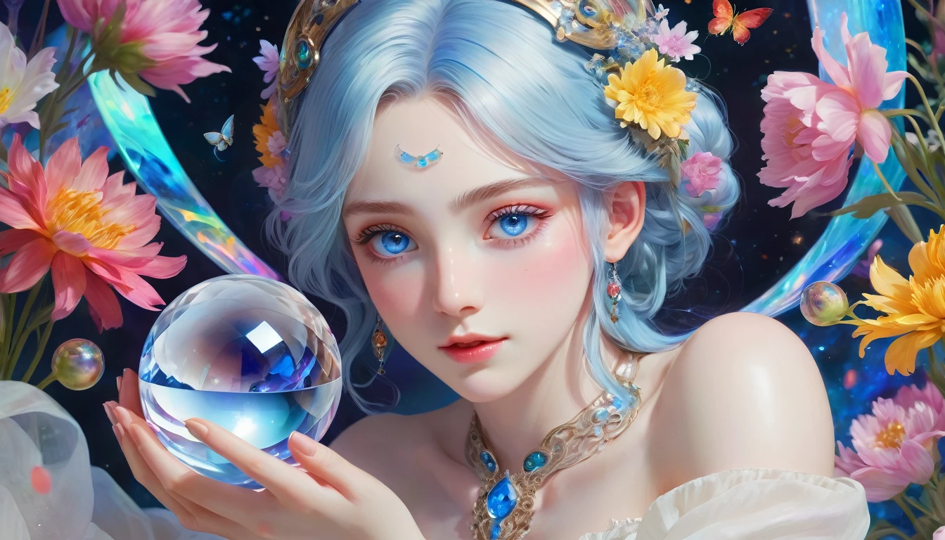 (masterpiece, Queerness at its best, High detail, Beautiful delicate blue eyes and face, Vibrant colors:1.3), Astrologer with crystal ball, Anime screenshots, throw, The background is covered with colorful and mystical flowers.。The angle of view is from the front, from the head to the chest.。