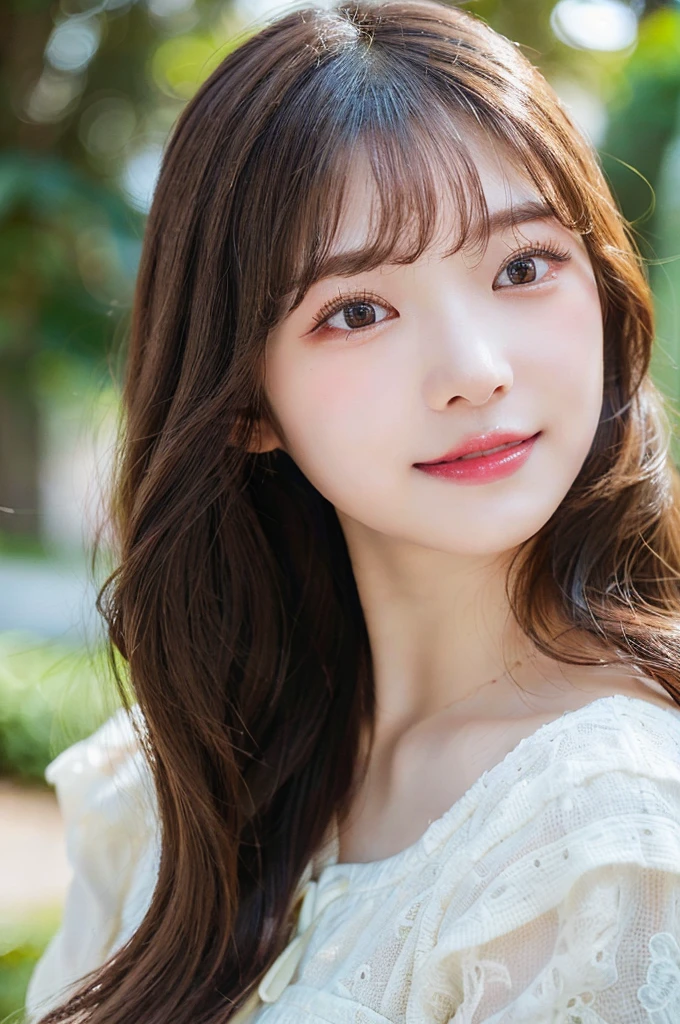 ((big laugh)), high-level image quality, 12 years old Korean girl photo, raw, cute face, (long wavy hair), ((Portrait)), ((Detailed face:1.2)), ((A detailed face Characterized by fine skin), pale skin, , (cold color), moist, reflector stay piece, (perfectly proportions)(photos realistic)(Best Quality), photographed in a Canon EOS R5, 50mm Lens, (8K), very long upper eyelashes, Very long lower eyelashes, Detailed lashes, Curled eyelashes, Natural eyes, very beautiful eyelashes