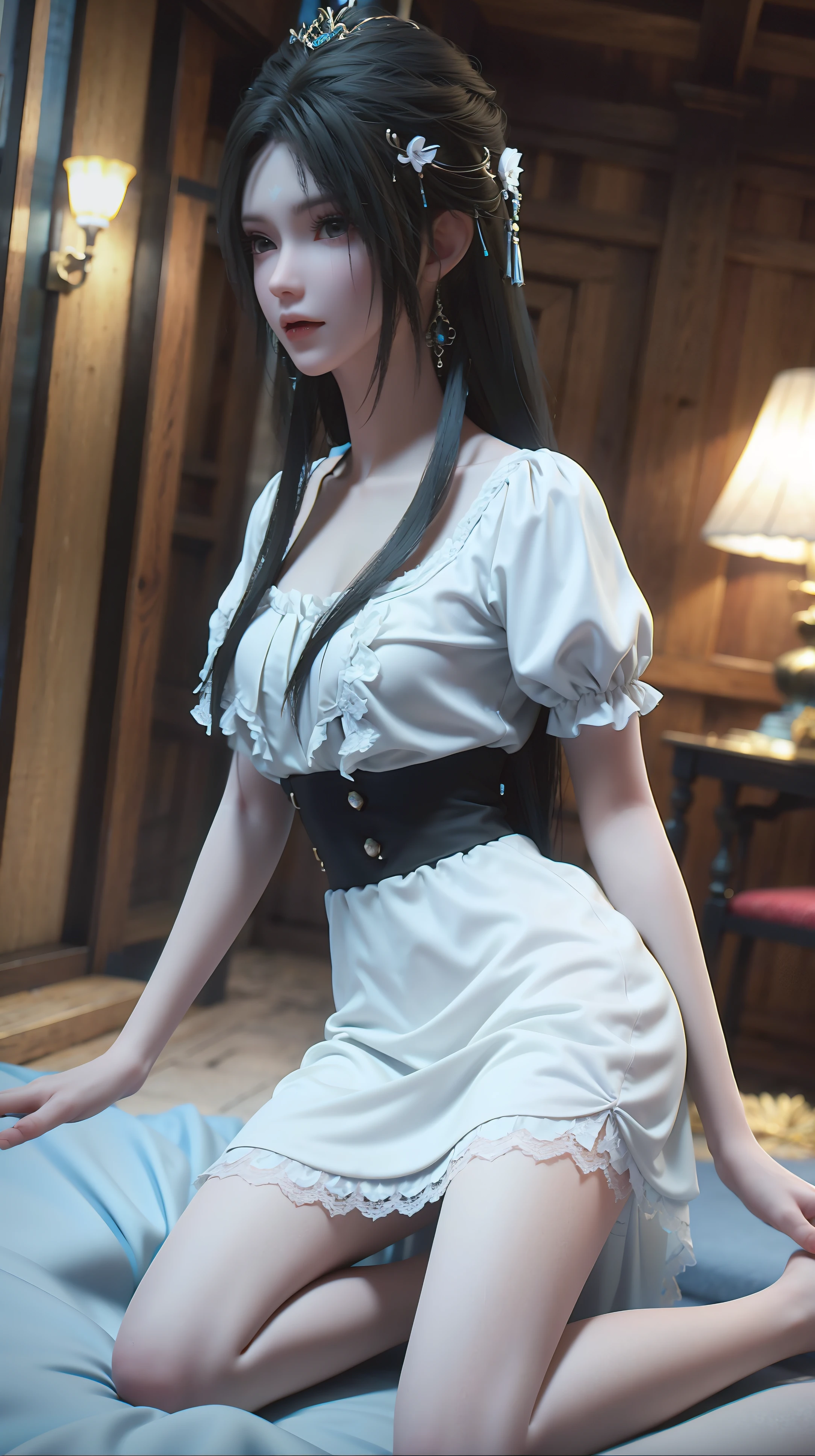 best quality,masterpiece,The Ultimate Solution,Fluffy,Extremely colorful,Mature beautiful woman,(Dress school uniform),Lace skirt,(Beautiful woman beheaded),Normal posture,(Kneeling),Kneeling on the bed,shackles,Beheading,collar,White stockings ,barefoot,Normal posture