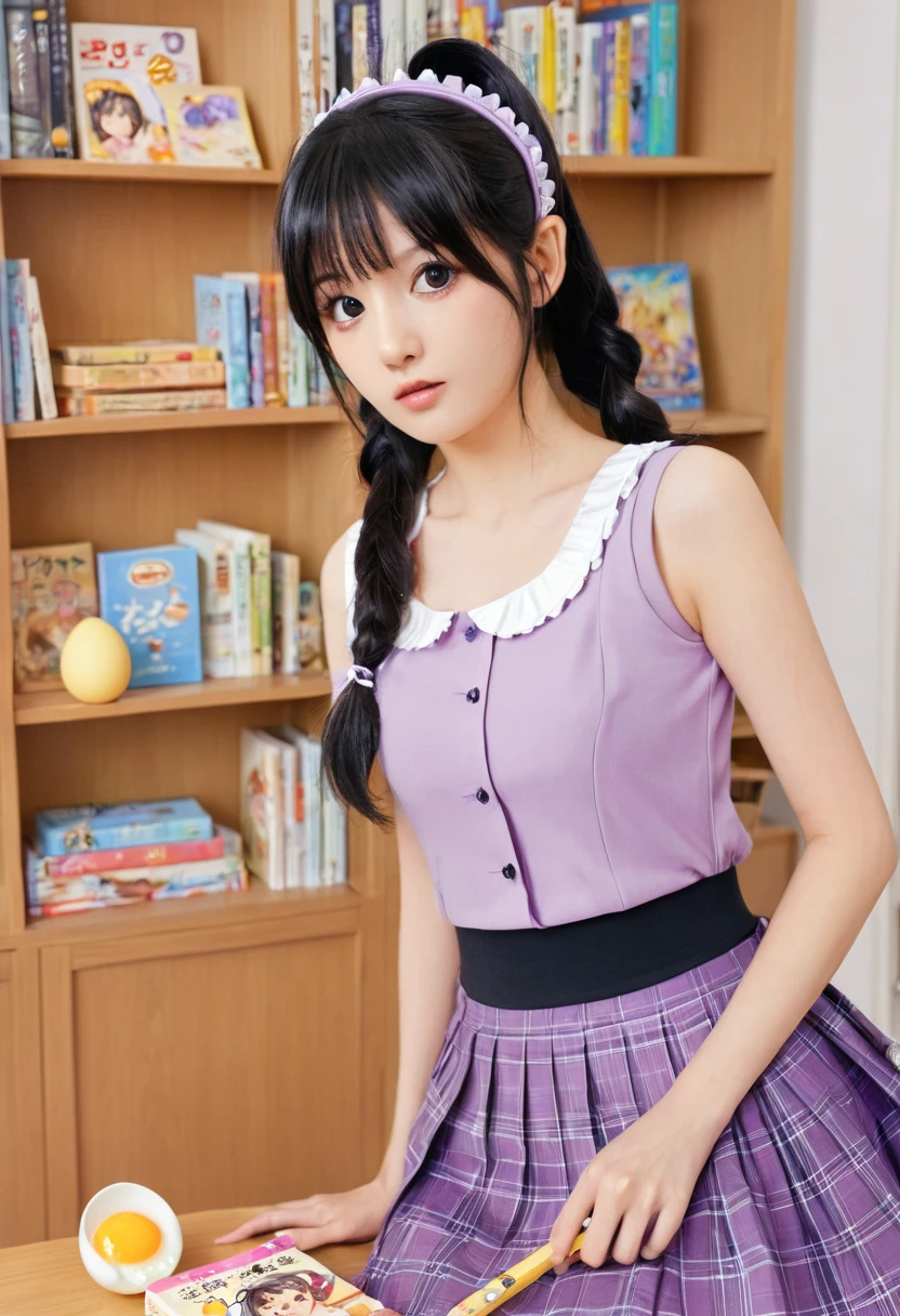 masterpiece, 1 Girl, Medium breasts, Solitary, Araragi Karen, Hair accessories, Egg Hair accessories, Side Ponytail, Black Hair, food-themed Hair accessories, fried Egg, Looking at the audience, Egg (food), Long hair, (black eyes:1.1), Purple skirt, sleeveless, Pink shirt, Operation, books, Take a pencil, giggle