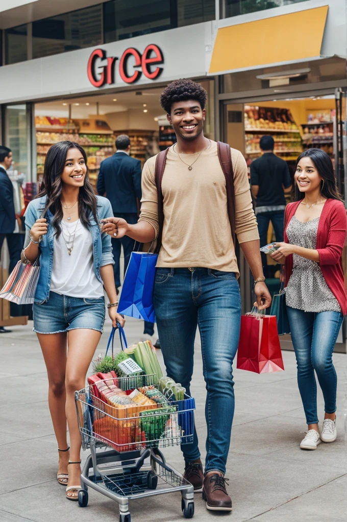 diverse people enjoying their shopping experiences (clothes, groceries, electronics, etc.).