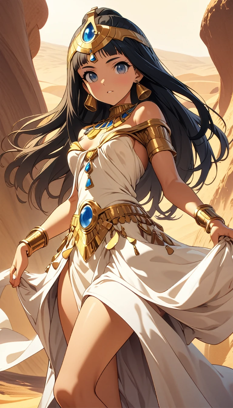 Desert Princess,Egyptian style,style,Gold Jewelry,High Saturation,CG Art, Makoto Shinkai's photo, pure, Concept Art, Lofi Art style,新海诚动画艺术style, Lofi Art, Beautiful anime scene, Anime Landscape, Detailed scenery, 新海诚的style, 新海诚的style, Enhance Details