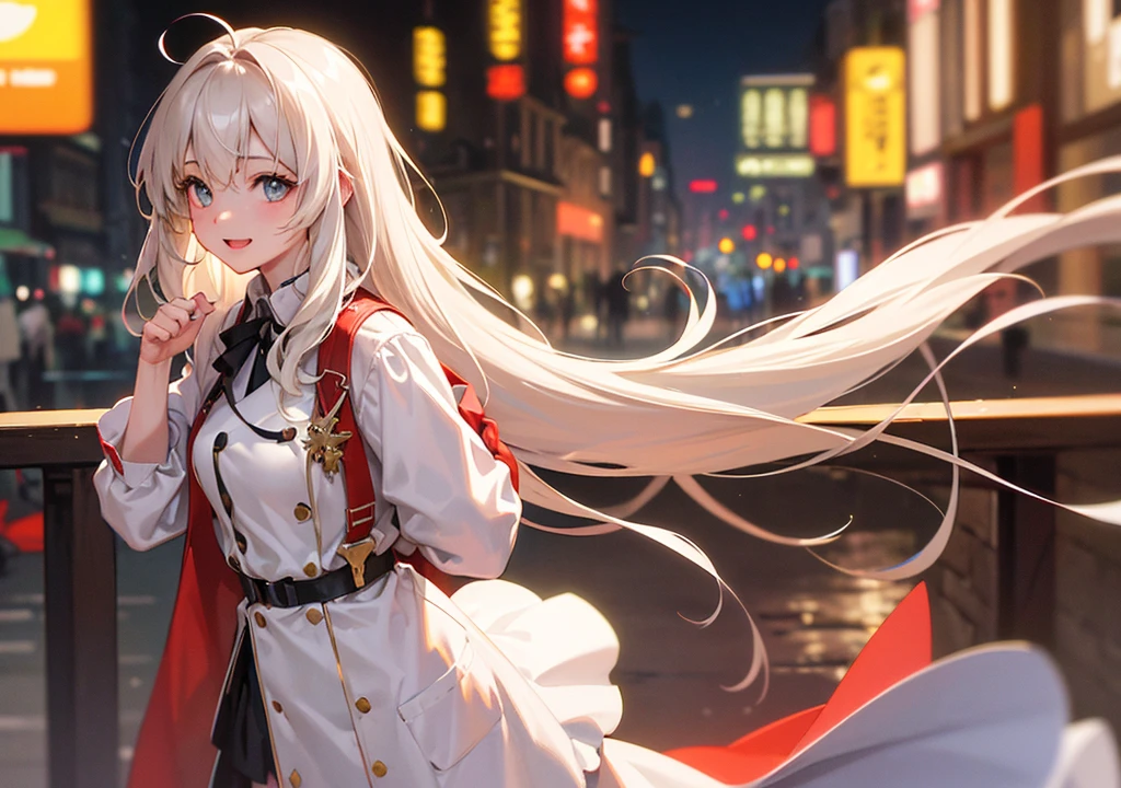 Realistic photos, Focus distance 10mm, Red and white, A big smile, Beautiful girl, Realistic photos, Focus distance 10mmで撮影, masterpiece, 最high quality, high quality, Very detailed CG 8k wallpaper unit, Award-winning photography, Bokeh, Depth of written boundary, High resolution, bloom, chromatic aberration, Realistic, Very detailed, Art Station Trends, CGsociety Trends, Complex, High detail, dramatic, Art on the go, volumetric lighting, Final Fantasy style beautiful girl、Golden Eyes、Long wavy white hair、Put on the angel's armor、Castle in the sky and rainbow in the background