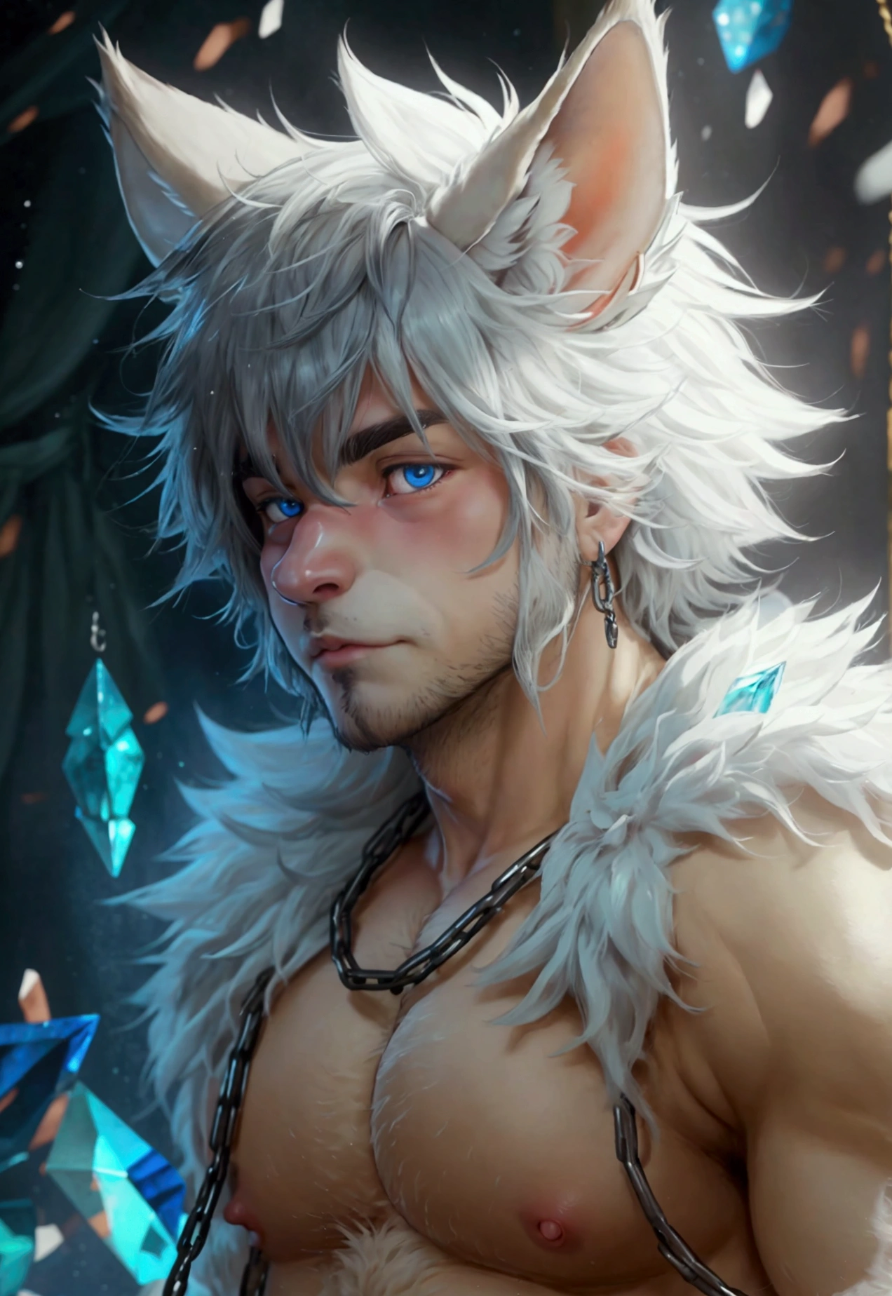 furry，wolf boy，White skin，crystal blue eyes，Unique fluffy tail，gray fur，short detailed hair，naked ,anime style, chained, beefy detallados, beefy, sexy, long penis, shows penis
