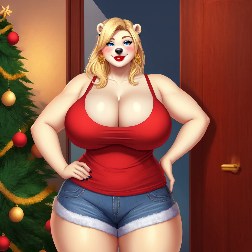 Blonde polar bear woman, wearing a Christmas tank top and jean shorts, perfect face, blue eyes, big breasts, cleavage, three-quarter view, solo, smile, perfect detailed body, red lipstick, gold earring, hand on hips, blushing