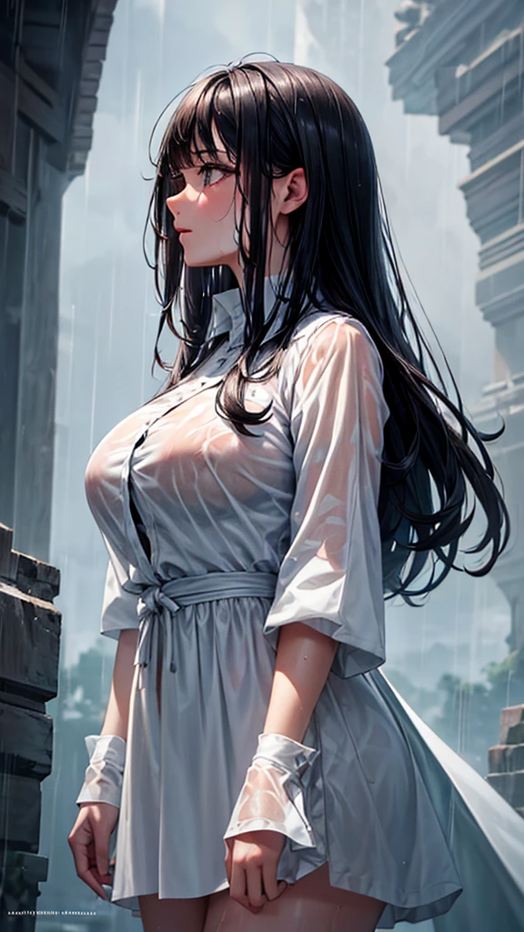 HD detailed, Wet Watermark, Married Woman,Hyper Detail, Long black hair,Big Breasts,rain,White blouse,Cold look,Under the roof,Looking up at the sky,profile,cowboy shot