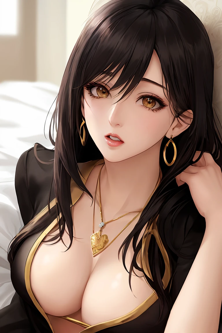 (score_9,score_8_up,score_7_up,score_6_up,score_5_up,score_4_up),masterpiece, top quality, best quality, official art, beautiful and aesthetic, animation, , 1female, solo, women, mature figure, (black hair:1.2), golden pendant earrings, golden hair pin, male pov, bedroom, chest rubbing, light gauze (female:1.5), women glad eyes like silk, upper and lower body interaction, women moan, man limp ,