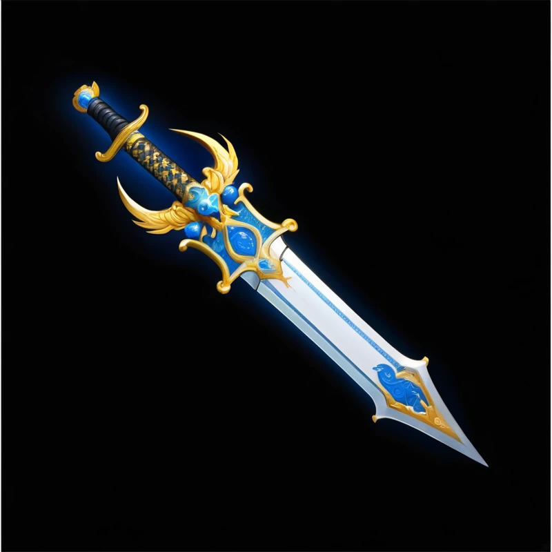 Close up of a sword with a blue and gold pattern, arms , Shining Sword, , 奇幻角色扮演游戏 幻想arms,
