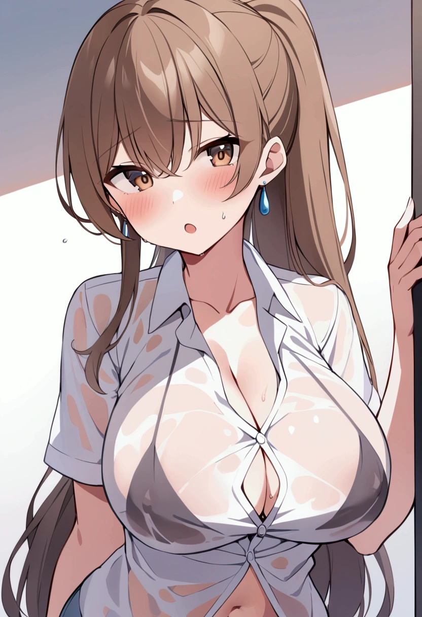 slender, mature female,1girl, earrings, see-through, jewelry, blush, shirt, solo, ponytail, brown_hair, breasts, brown_eyes, wet_clothes, wet_shirt, wet, bangs, navel, eyebrows_visible_through_hair, open_mouth, rating:safe, long_hair, white_shirt, large_breasts, collared_shirt, short_sleeves, hair_between_eyes, rating:questionable, earrings, sweat, out-of-frame_censoring, looking_at_viewer, :o, standing, dress_shirt, 