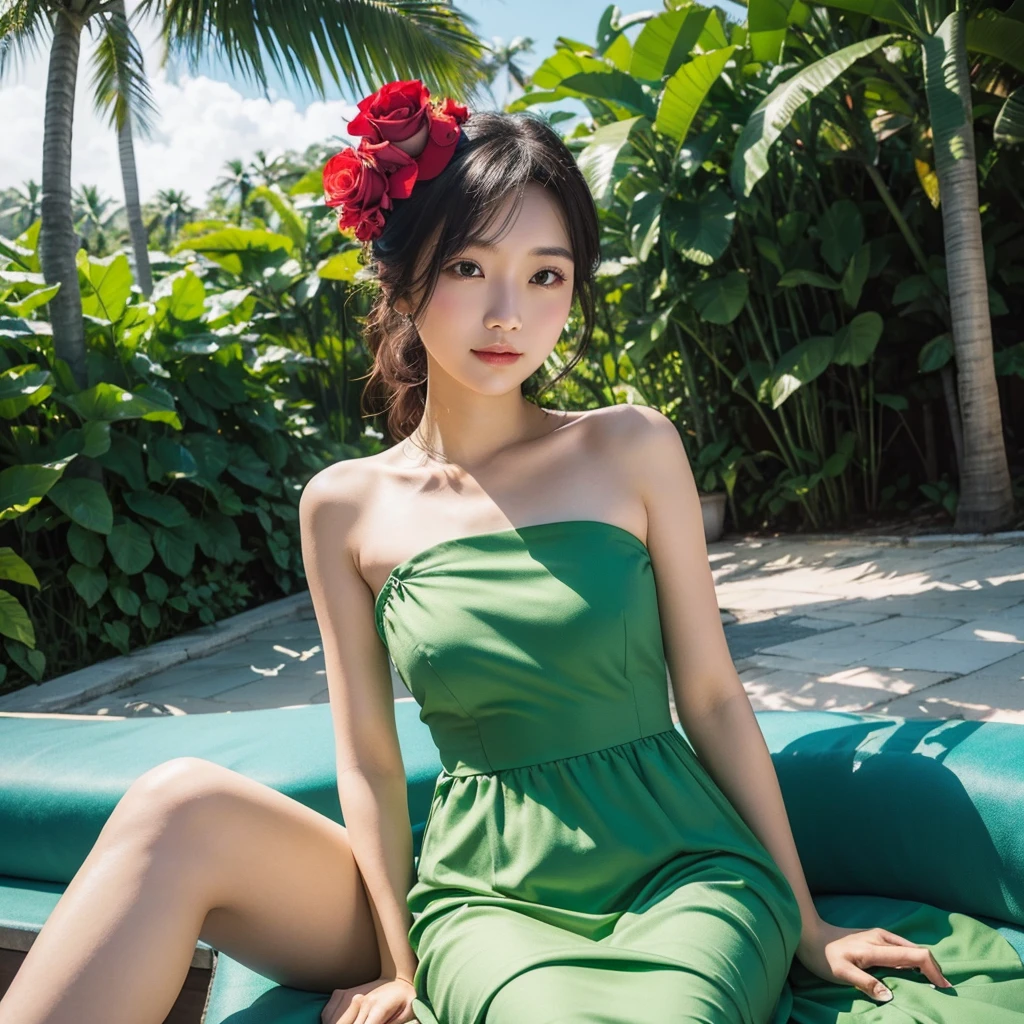 Wearing a green dress、A woman enjoying vacation at a tropical resort。With a red rose in my hand。