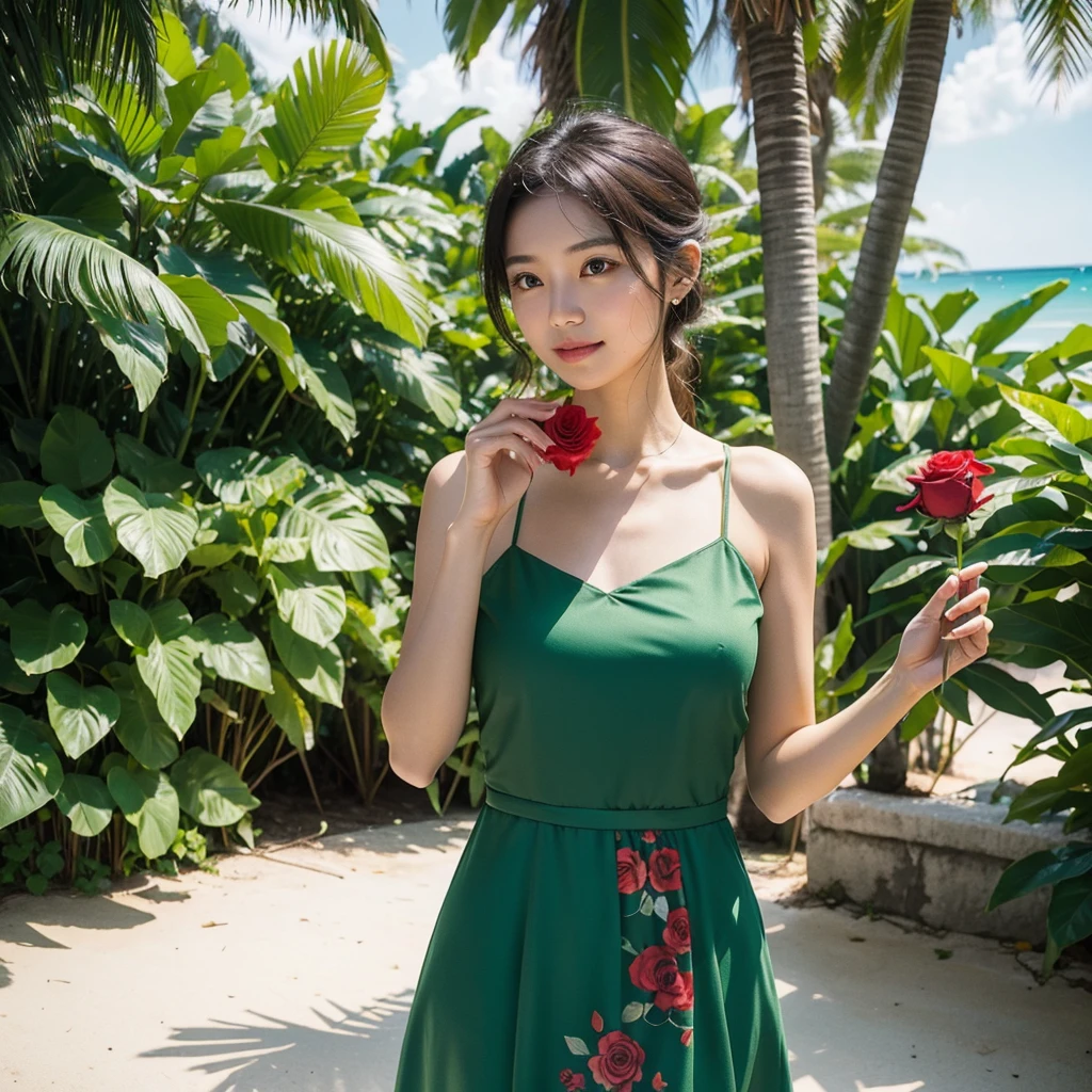 Wearing a green dress、A woman enjoying vacation at a tropical resort。With a red rose in my hand。