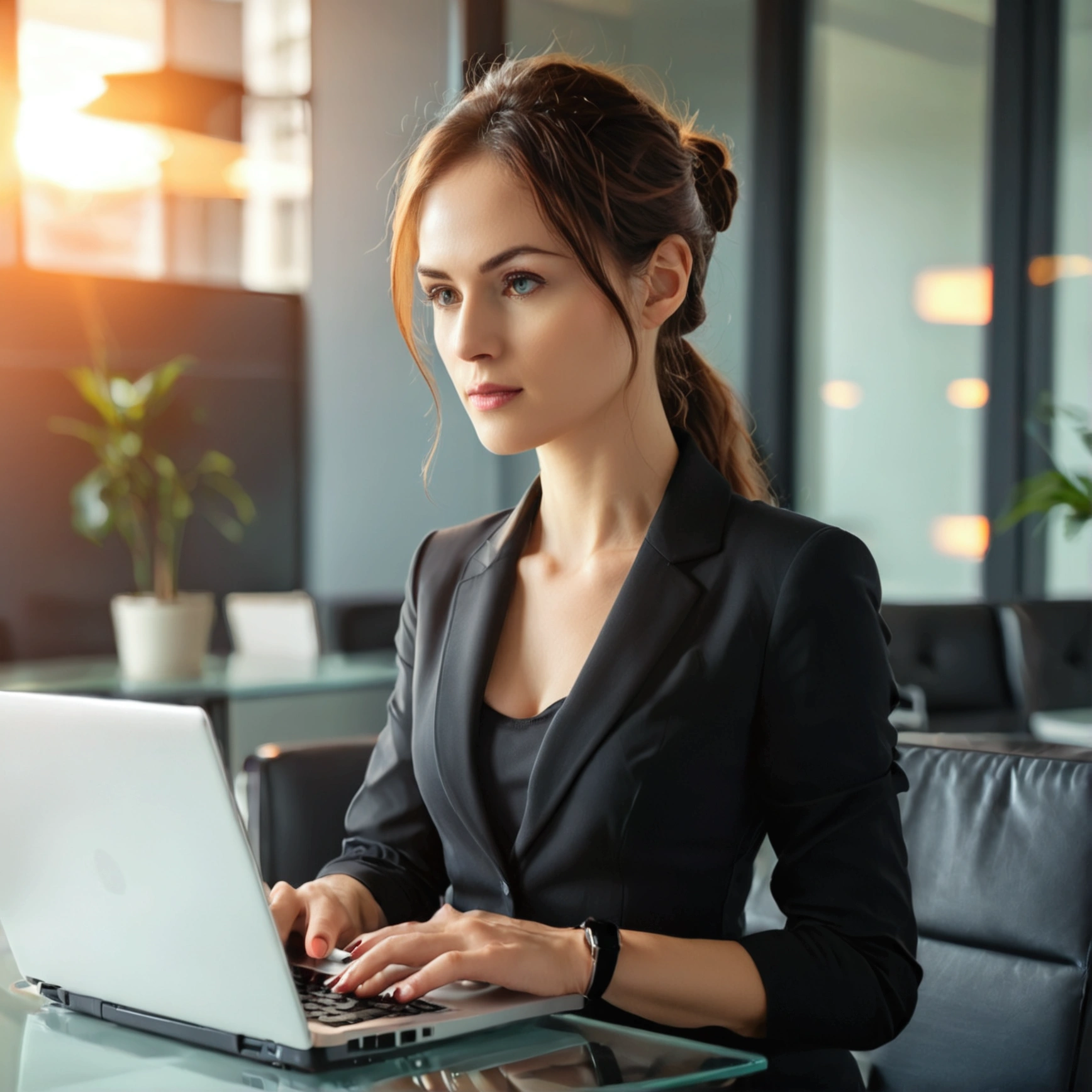 business woman hands operating a laptop on very modern office room background