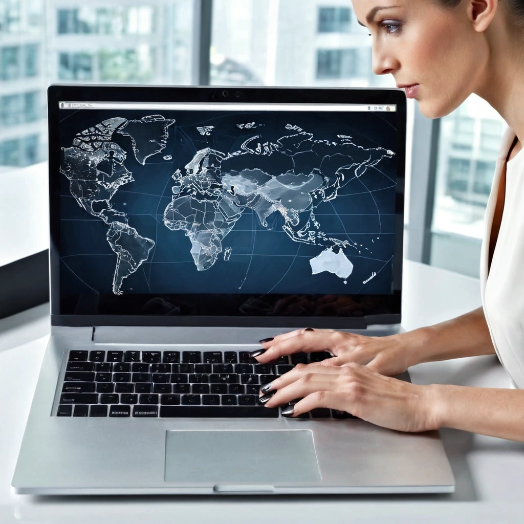 business woman hands operating a laptop on very modern office room background