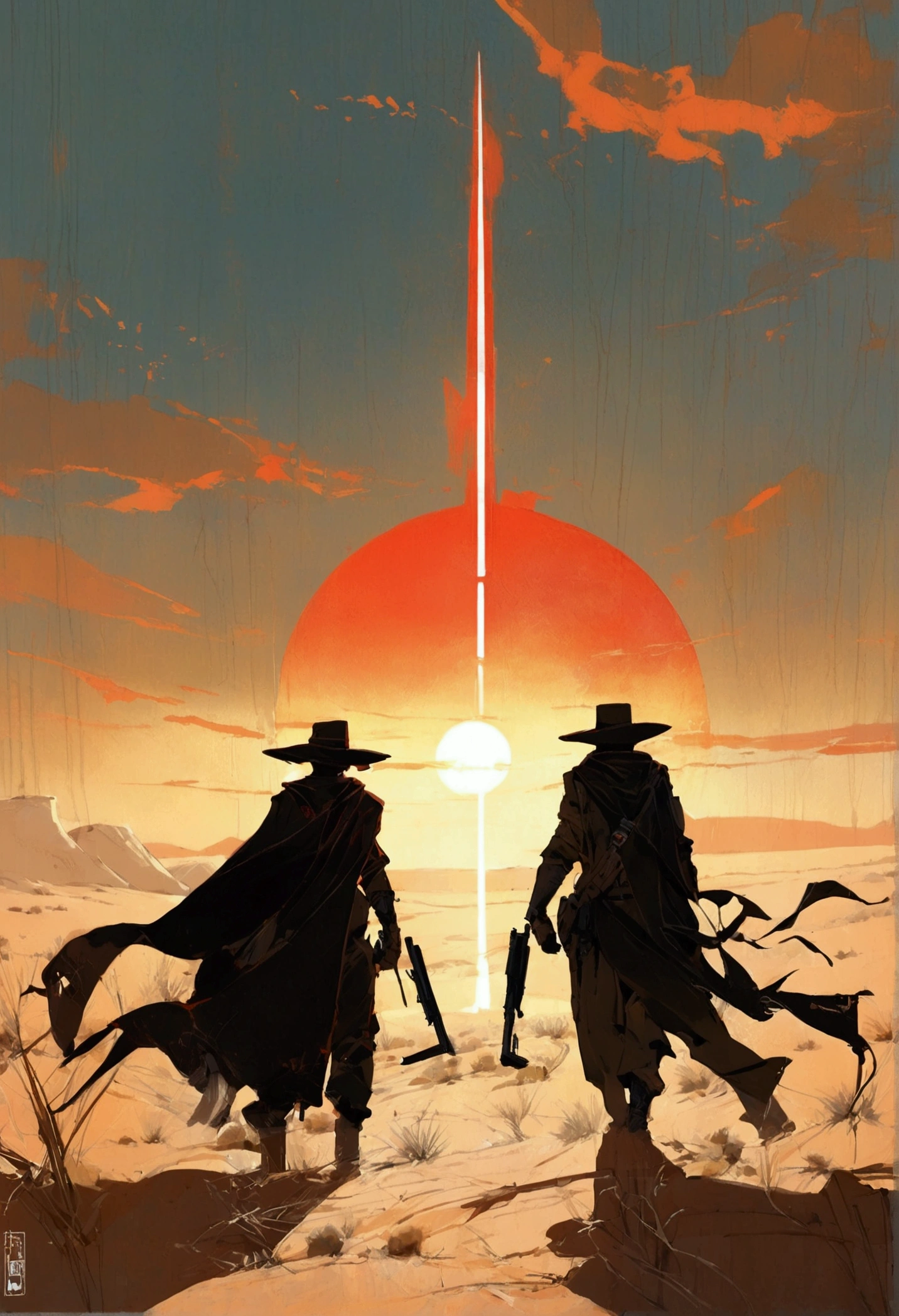 score_9, score_8_up, score_7_up, score_6_up, score_5_up, score_4_up, Two gunslingers dueling in the desert, Desert, red sun, scorching sun, arid, silhouette, black clothes, Horizon, far away, Jakub Rebelka style