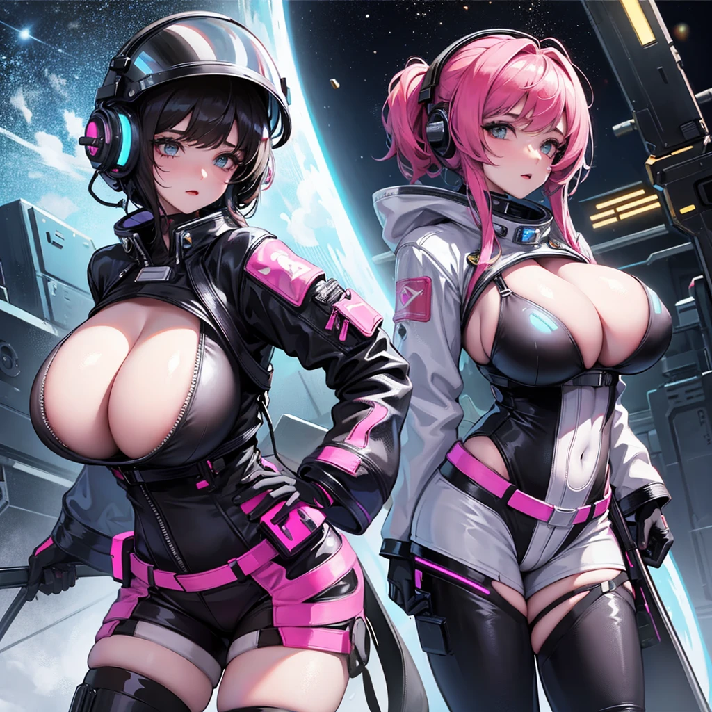 Girl with huge breasts with huge cleavage and a Cyberpunk style astronaut suit with a helmet in space 