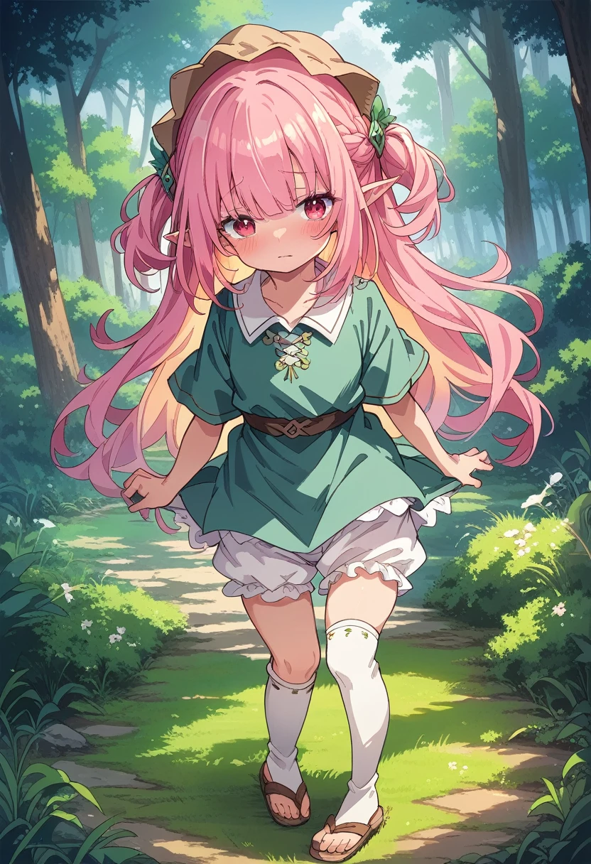 BREAK Perfect Anatomy、(High resolution:1.2)、Incredible illustrations、(Cute illustrations:1.2)、
(Beautiful background(deep in the forest))
1 girl((multicolored pink hair hair,(bangs over eyes), embarrassed)1girl((a girl,elf 1.5meters, 25kg,18 years old female,
((tunic,poncho,bloomers,thigh-high socks, sandals),tilting head