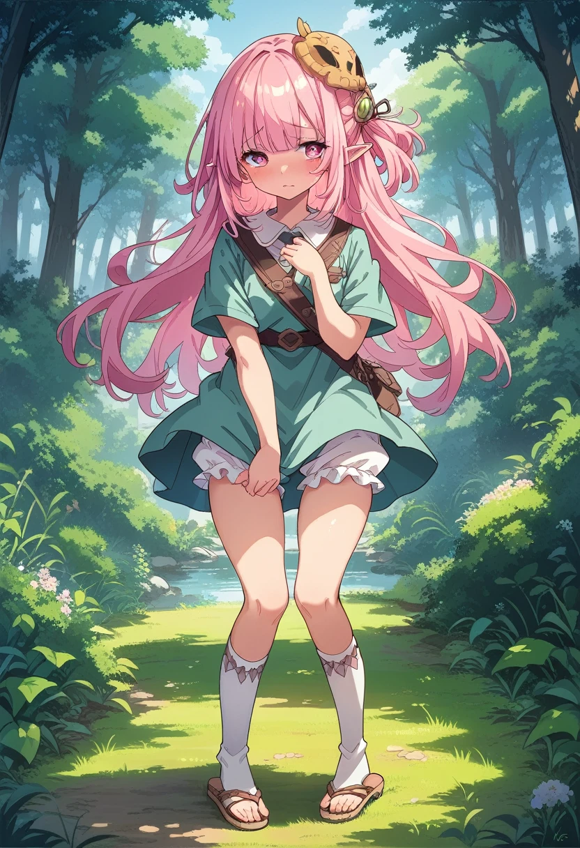 BREAK Perfect Anatomy、(High resolution:1.2)、Incredible illustrations、(Cute illustrations:1.2)、
（Beautiful background（deep in the forest))
 1 girl((multicolored pink hair hair,(bangs over eyes), embarrassed)1girl((a girl,elf 1.5meters, 25kg,18 years old female, 
((tunic,poncho,bloomers,thigh-high socks, sandals),tilting head
