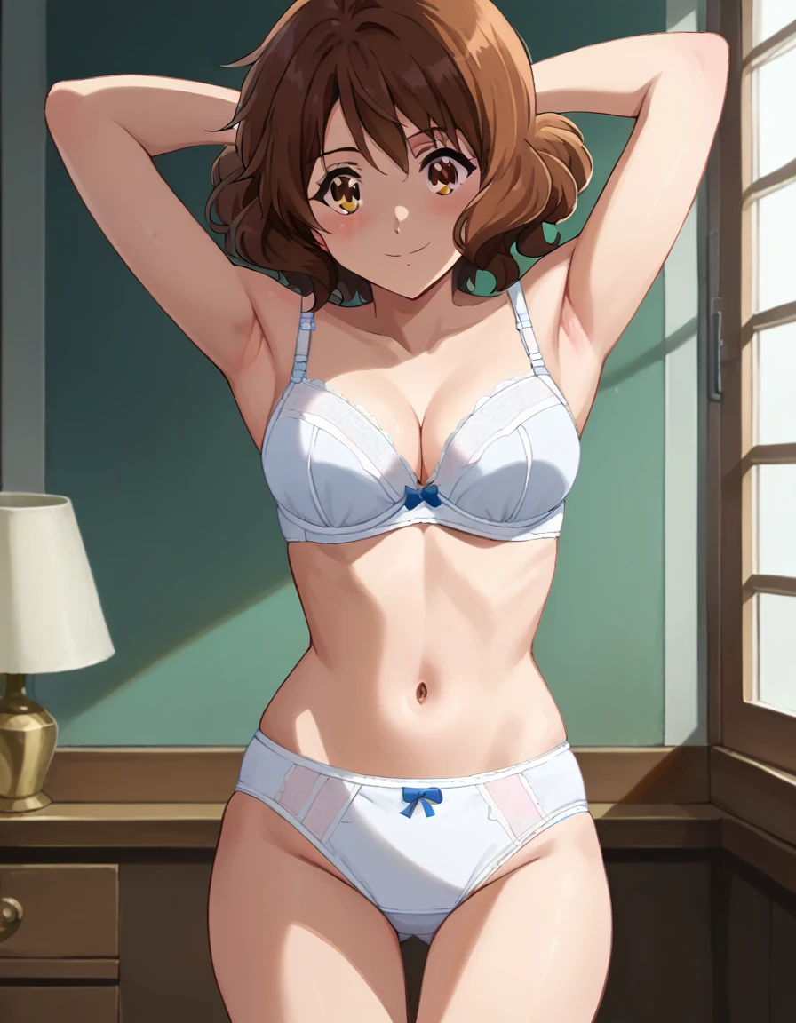 Highest quality, High resolution, masterpiece, (Beautiful Eyes), (Fine grain), Detailed face, kumiko oumae, Brown eyes, Brown Hair, short hair, Wavy Hair, smile, blush, indoor, bedroom, whiteいベッド, (Stretch your back), (Wide pelvis:1.5), (white_bra:1.5), (white_Panties:1.5), (Arms behind head:1.5), nsfw